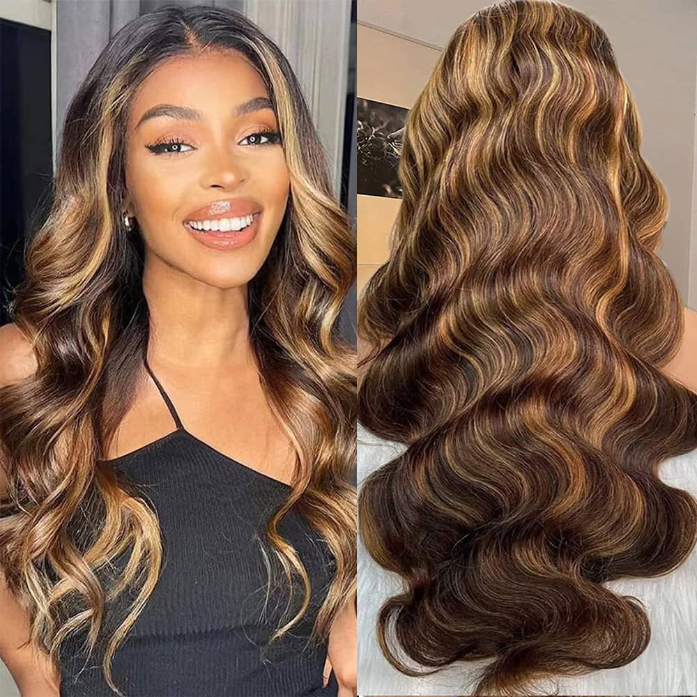 Glueless Wigs Human Hair Wear and Go 4x4 HD Lace Front Glueless Wig Human Hair 180 Density Pre Plucked Pre Cut Body Wave Lace Front Wigs for Women Blond Ombre Color P4/27 (14 inches)