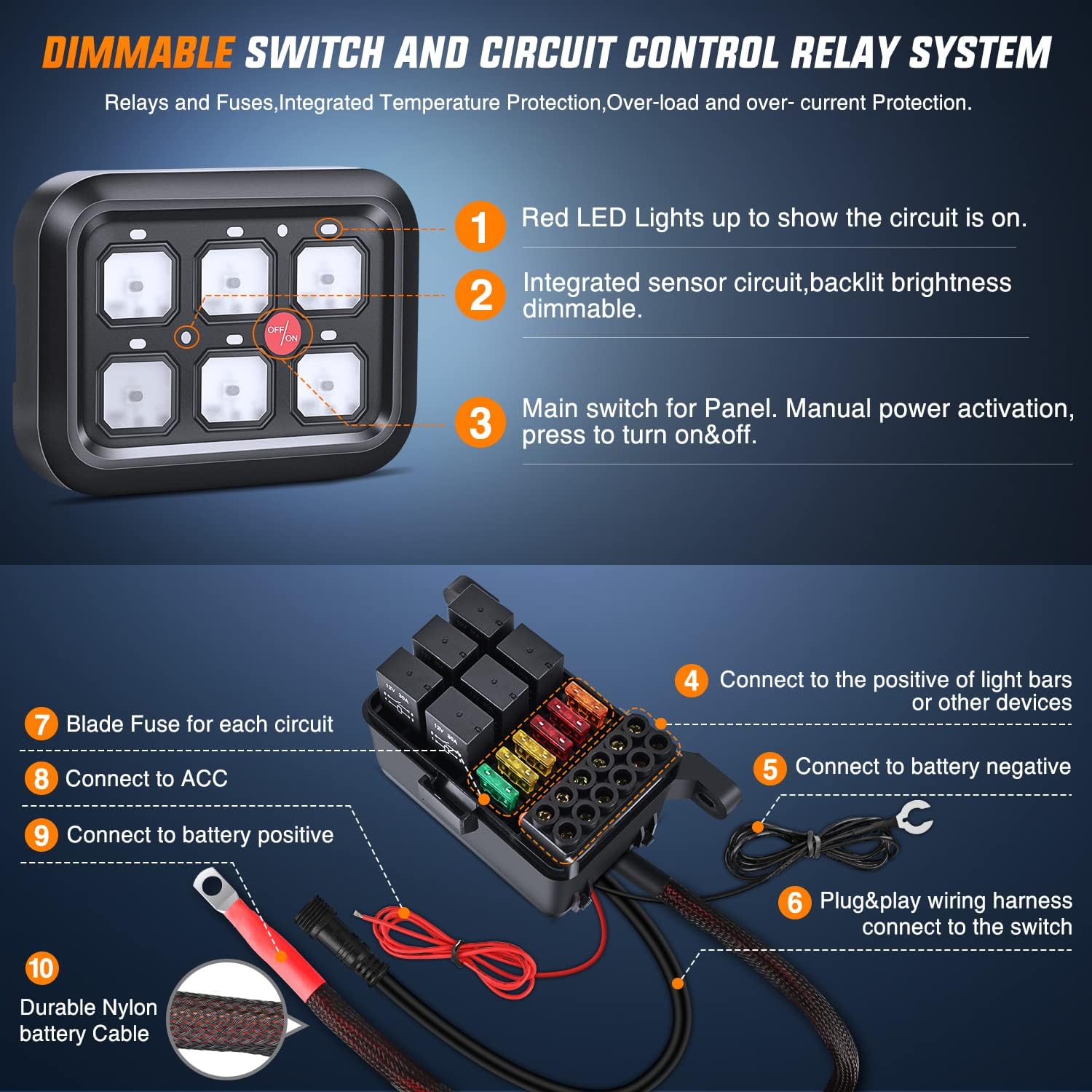 Detailed wiring diagram for the Nilight 6 Gang Switch Panel, showing connections to battery, ACC, and accessories.