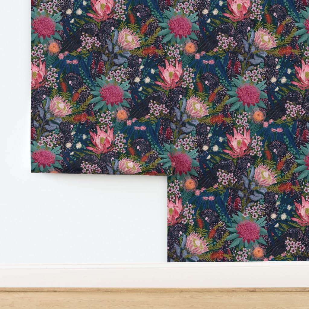 Peel & Stick Wallpaper 3ft x 2ft - Maximalist Cockatoos Chintz Floral Australian Animalier Protea Custom Removable Wallpaper by Spoonflower