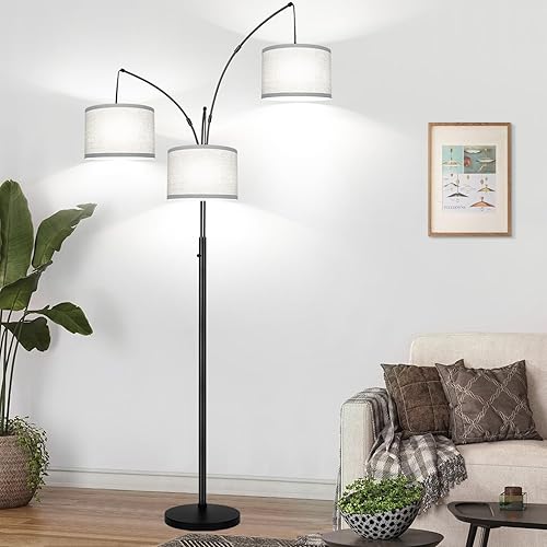 Miniatura 7 de Lámpara de pie regulable, 3 luces de arco para sala de estar, moderna lámpara de árbol alto con pantalla de lino gris y base pesada, lámpara de pie