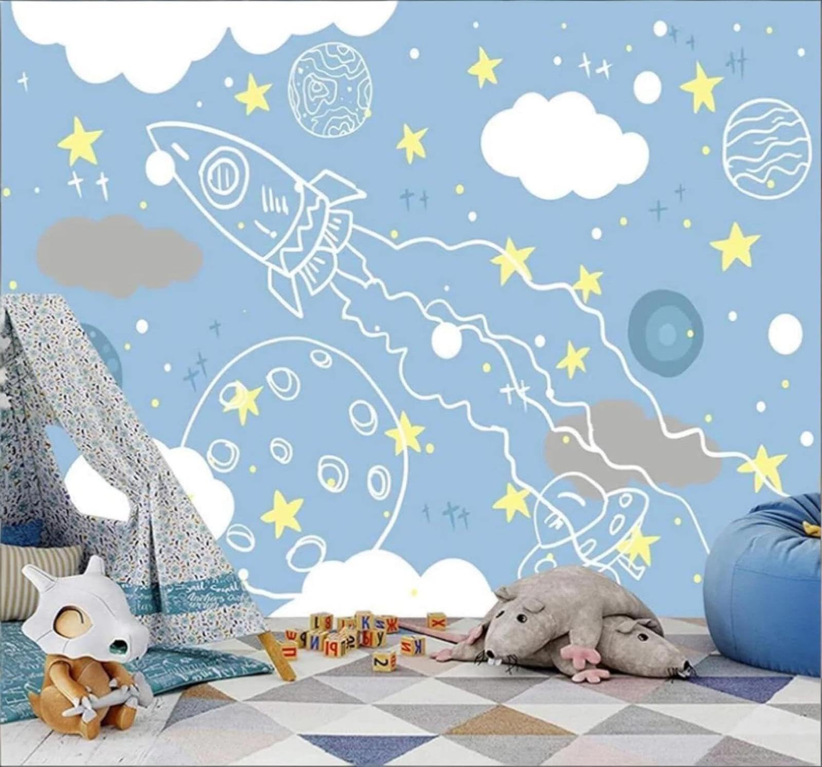 Cartoon Rocket Space Starry Sky Planet 3D Wallpaper Easy Install Feature Office Living Room Sofa Bedroom TV Background Wall Decoration-430cm×300cm