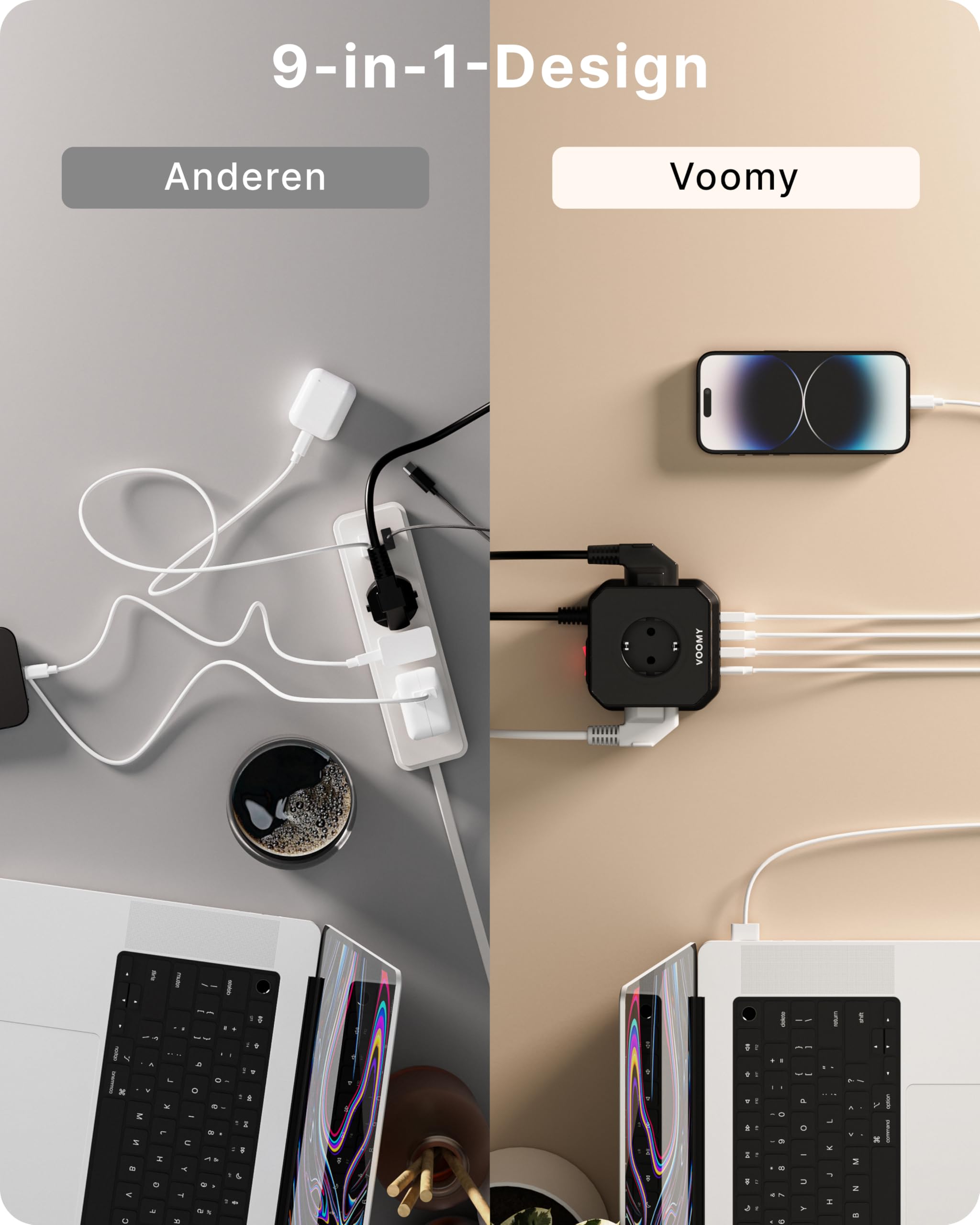Voomy Cube Stekkerdoos met USB en Schakelaar - 5 Stopcontacten - 4 USB