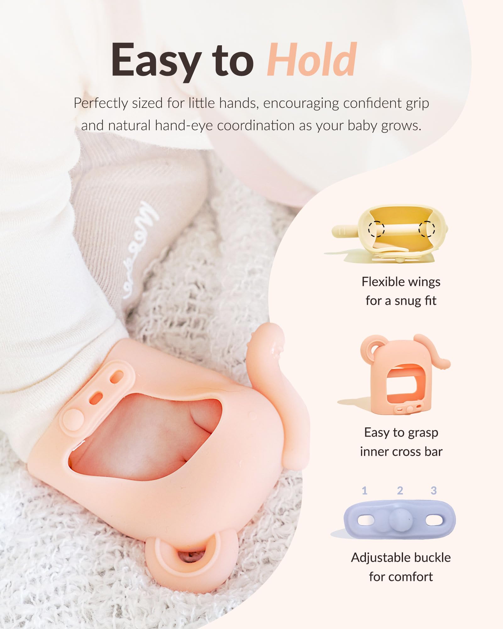 MOYUUM Mordedor de silicona con forma de elefante Moyuum | Hecho en Corea, alivia la dentición, es fácil de sujetar, resistente a caídas y con correa ajustable para la muñeca, para bebés de 3 meses o