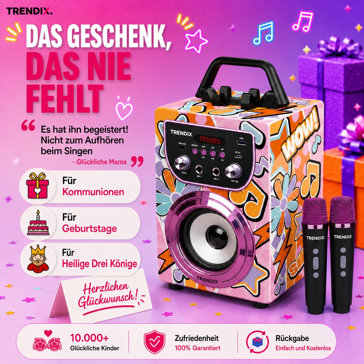 Trendix - Karaoke Maschine Kinder Magic Melody | Karaoke Anlage Mit 2 Mikrofonen | Musikbox Kinder Radio Fm, USB, Bluetooth Und Sd | Kinder Musikbox | Geschenk Mädchen 6 Jahre