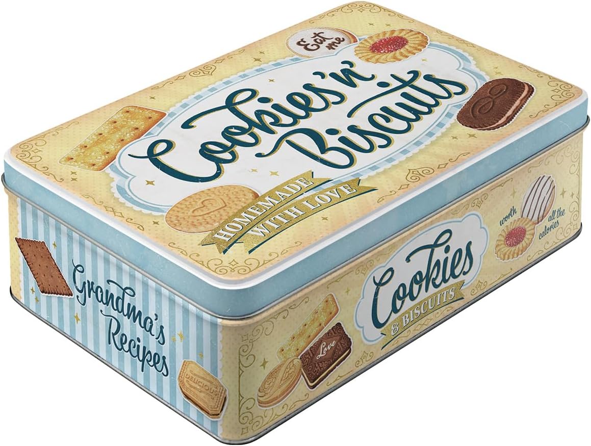 Nostalgic-Art Retro storage tin box flat, 2.5 l, Cookies 'n' Biscuits – Gift idea for the kitchen, metal tin with lid, vintage design