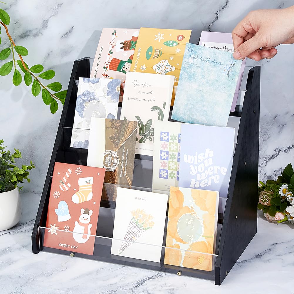 DICOSMETIC Support D'Affichage de Carte de Voeux de 4 Niveaux en Bambou Acrylique Support D'Affichage D'Autocollants Noir Étagère D'Affichage de Cartes Postales pour Comptoir de Maison Ou de Magasin
