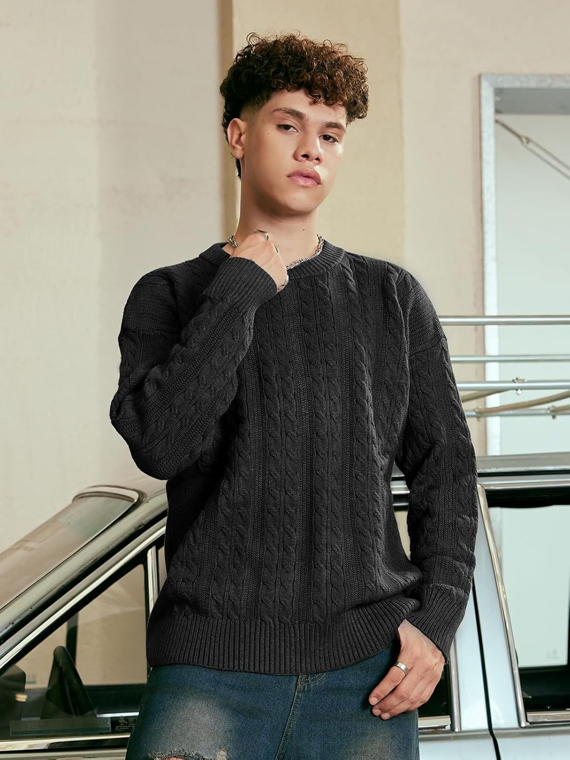 Laixton Mens Oversized Sweater Unisex Crewneck Cable Knit Sweater Pullover Aesthetic Streetwear Casual Sweaters Jumper - Image 3