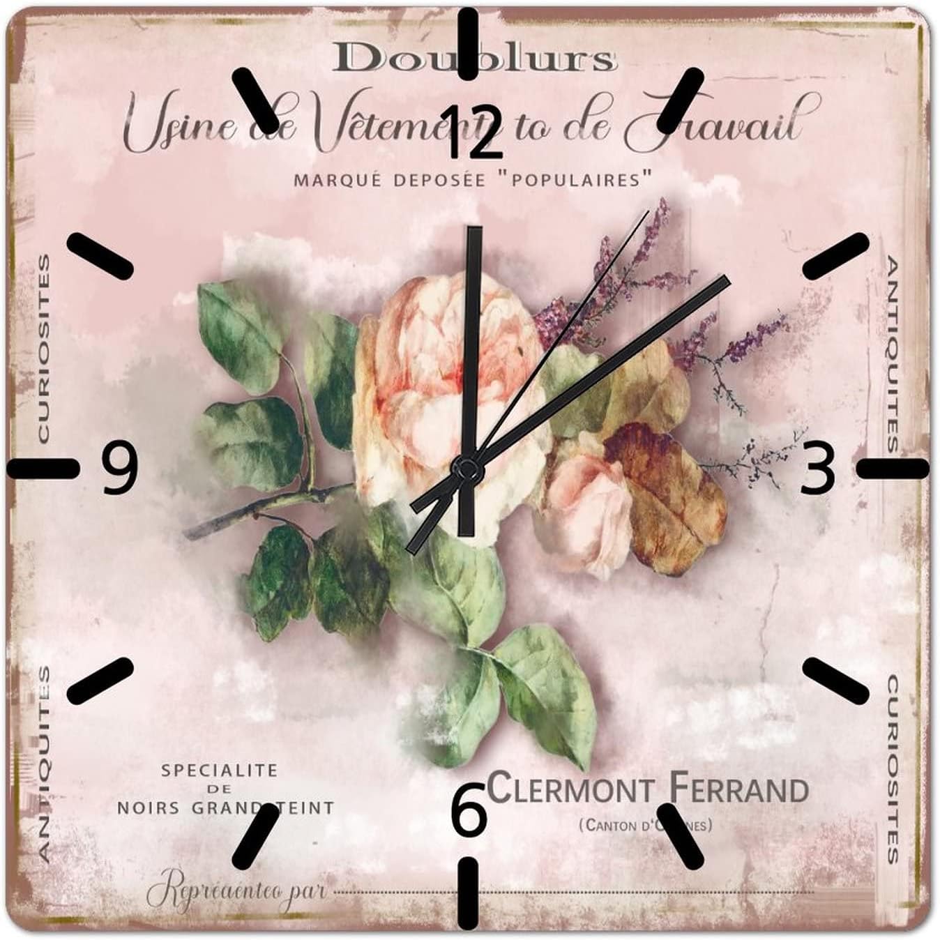 Pink Rose with Leaf Wall Clock Old Paper Textures Pink Wood Wall Clock 15in Shabby Chic Vintage Country Floral Silent Non Ticking Battery Operated Home Accessories for Home Dining Room Dorm Cafe