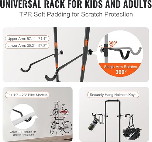 Miniatura 3 de VEVOR Estante de almacenamiento para 2 bicicletas, soporte vertical de pared de gravedad de pie, soporte de bicicleta totalmente ajustable, acero