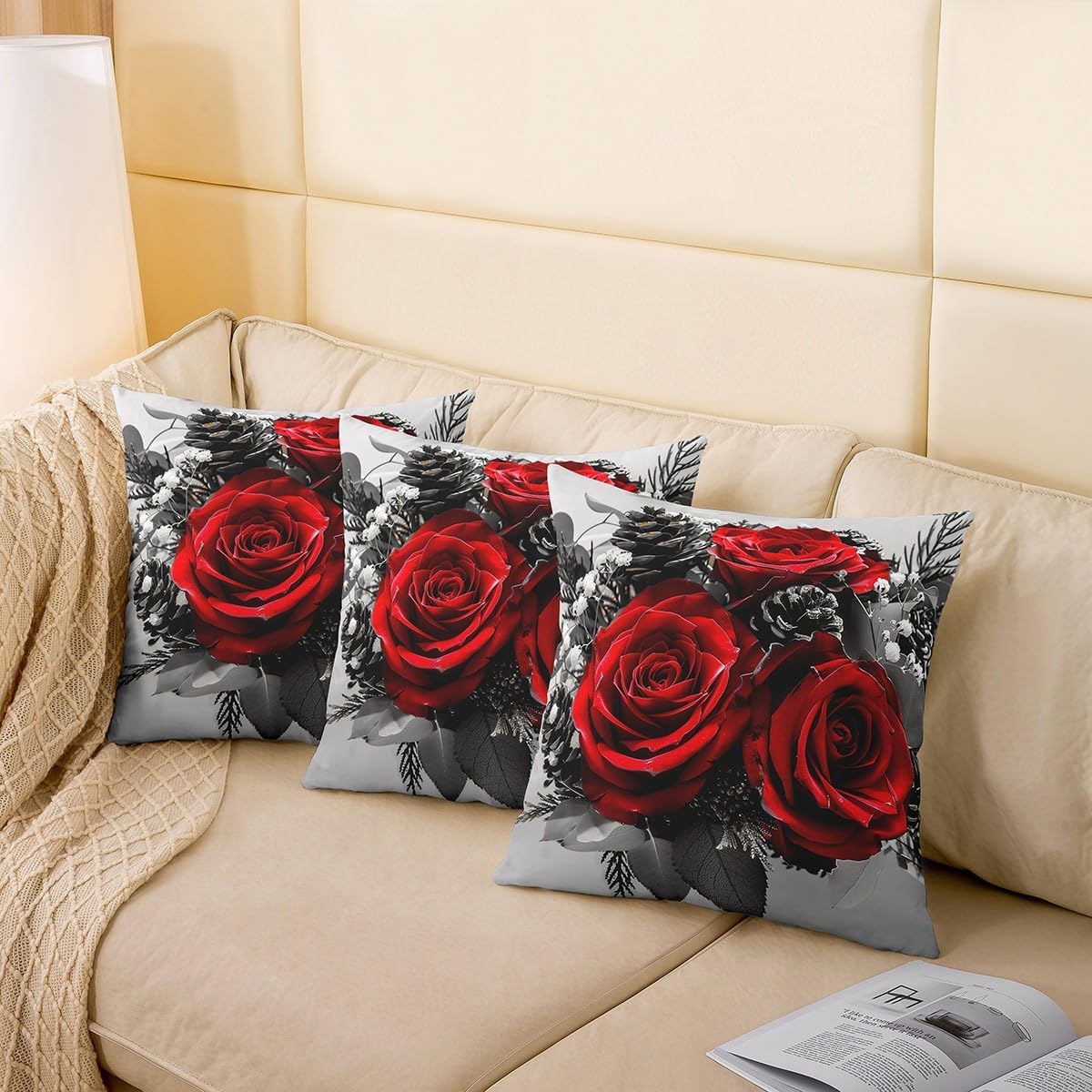 Set of 2 Rose Floral Pillow Covers 24x24 Inch, Romantic Red Flowers Throw Pillow Covers for Bed Sofa, Vintage Farmhouse Style Cushion Cases, Valentine 3D Rose Decorative Pillow Covers, Red Gray Black