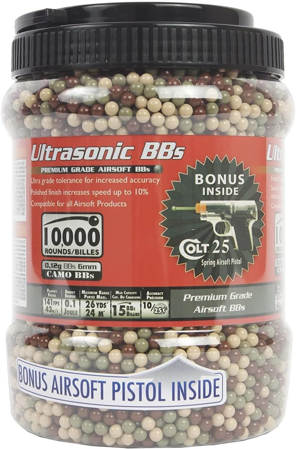 Soft Air USA Colt 10,000 Count Ultrasonic .12g Airsoft BBs with BONUS .25 Spring Airsoft Pistol, Camo, multicolor, (18087)