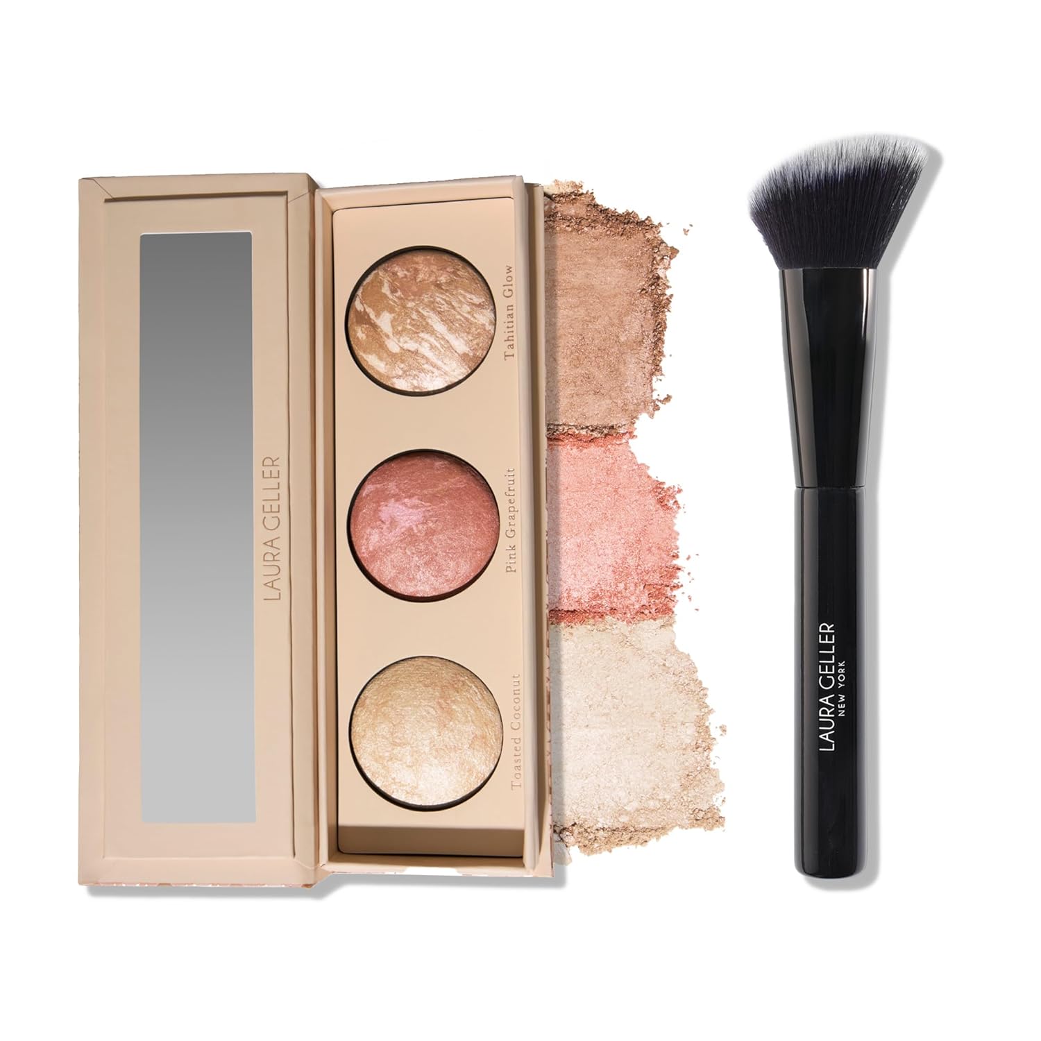 LAURA GELLER NEW YORK Geller's Greatest Lift-n-Glow Palette - Tahitian Glow, Pink Grapefruit, Toasted Coconut + Angled Blush Brush