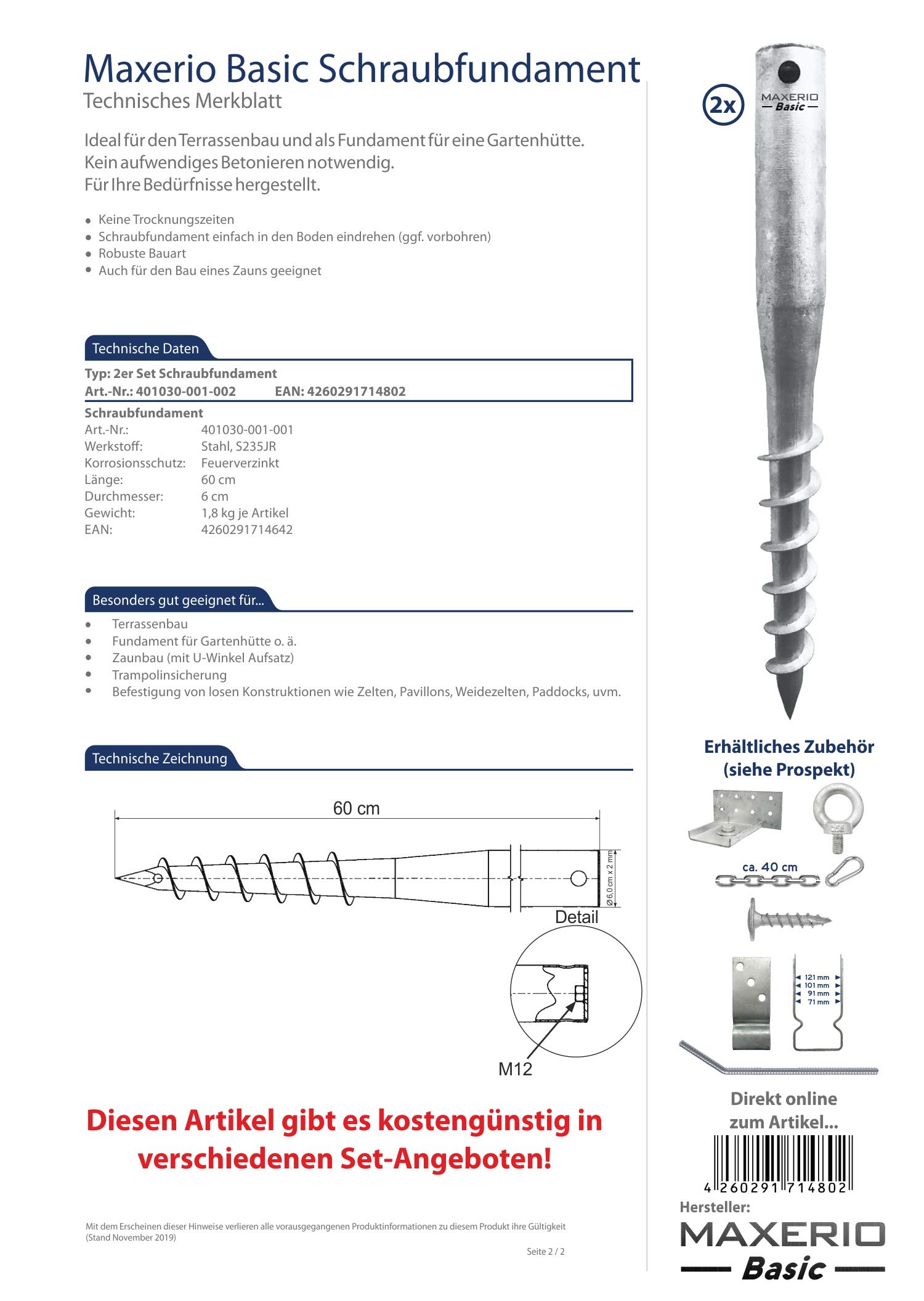 60 cm Core Schraubfundament 2er Set; Ø 60 x 2; M12
