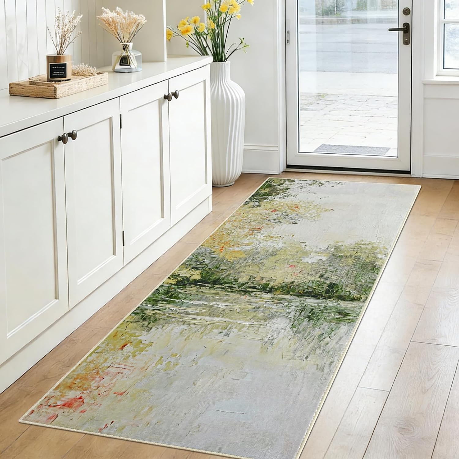 Hallway Runner Rug, 2x8 Abstract Washable Runner Rugs with Non Slip Backing, Ultra Soft Modern Printed Carpet for Bedroom Kitchen Entryway Laundry Farmhouse Nursery Home Office Decor, Green