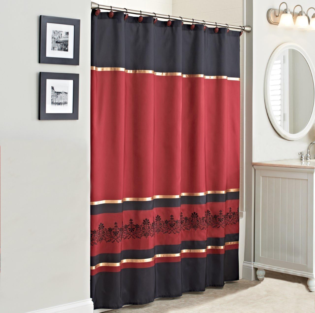 Embroidered Scroll Red Fabric Shower Curtain