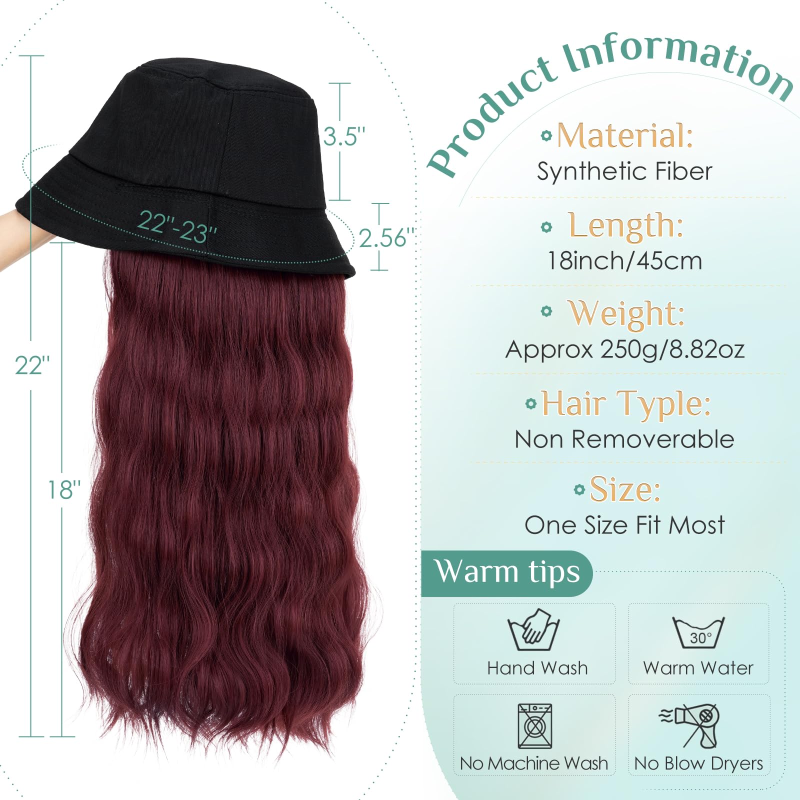S-noilite Hat Wig for Women Bucket Hat Wig with 18 inch Long Curly Wave Hairstyle Synthetic Hair Extensions - Image 3