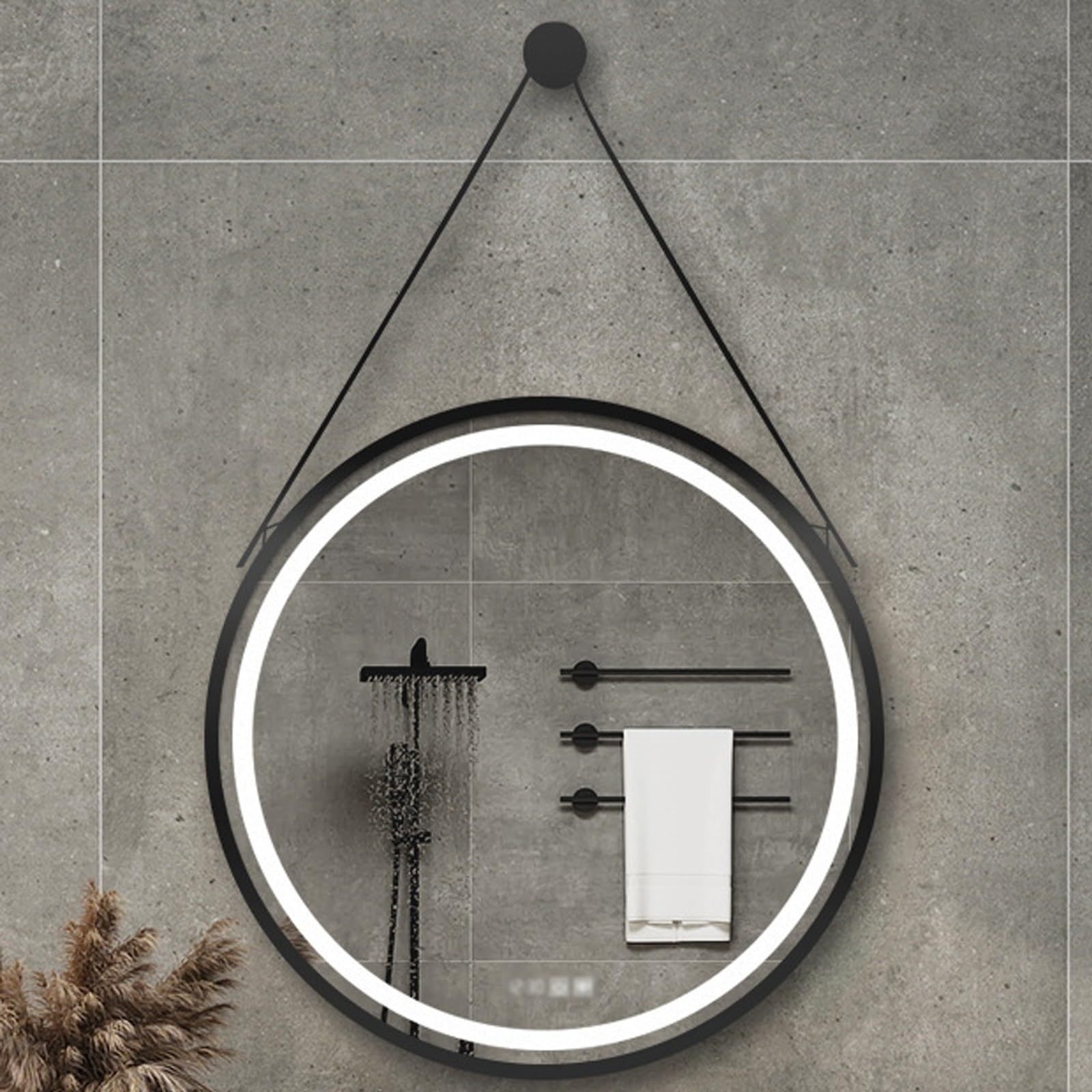LIDANGUH Round smart bathroom wall vanity mirror, Tri-Colour Dimmable Makeup Mirror with anti-fog film, Aluminum alloy frame, Time and temperature, shatter proof(Black,60 * 60cm/23.6 * 23.6in)