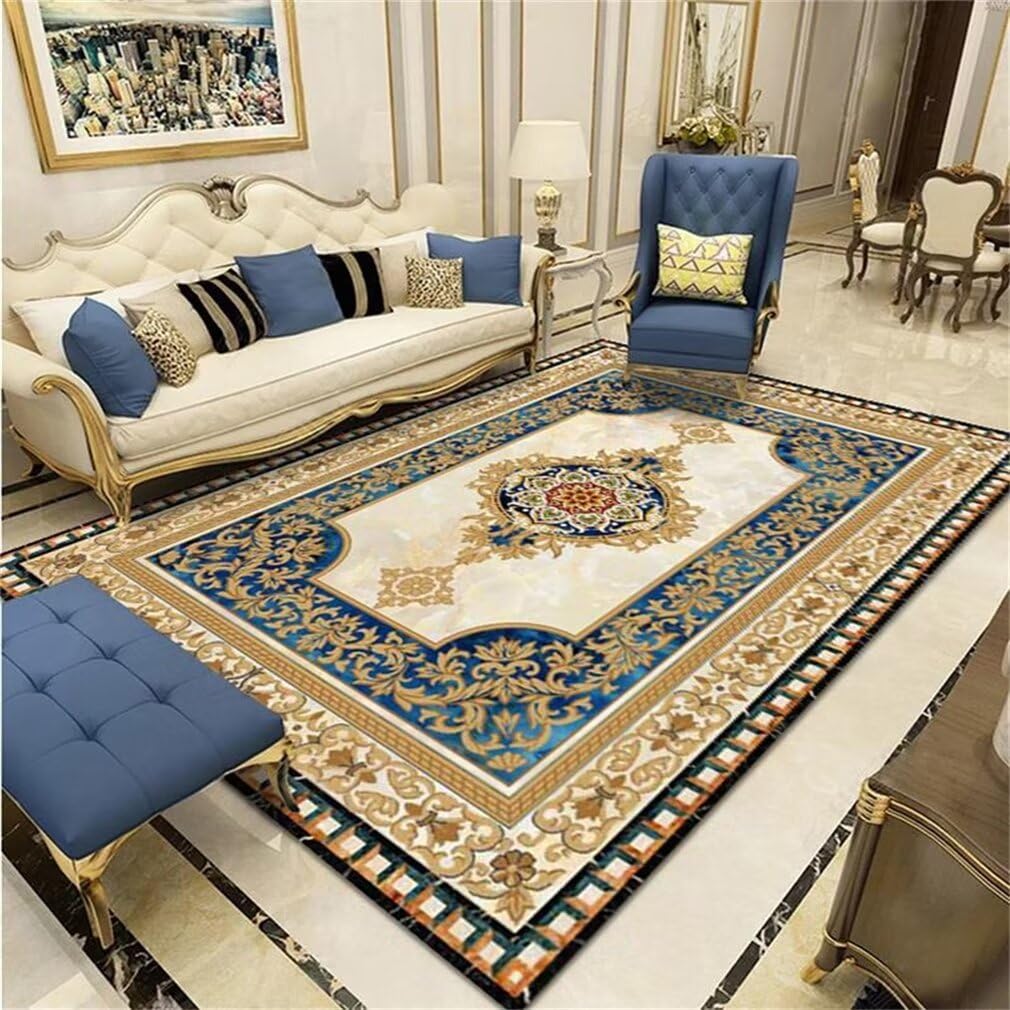 Tapis de luxe bleu lavable au motif floral raffiné pour salon