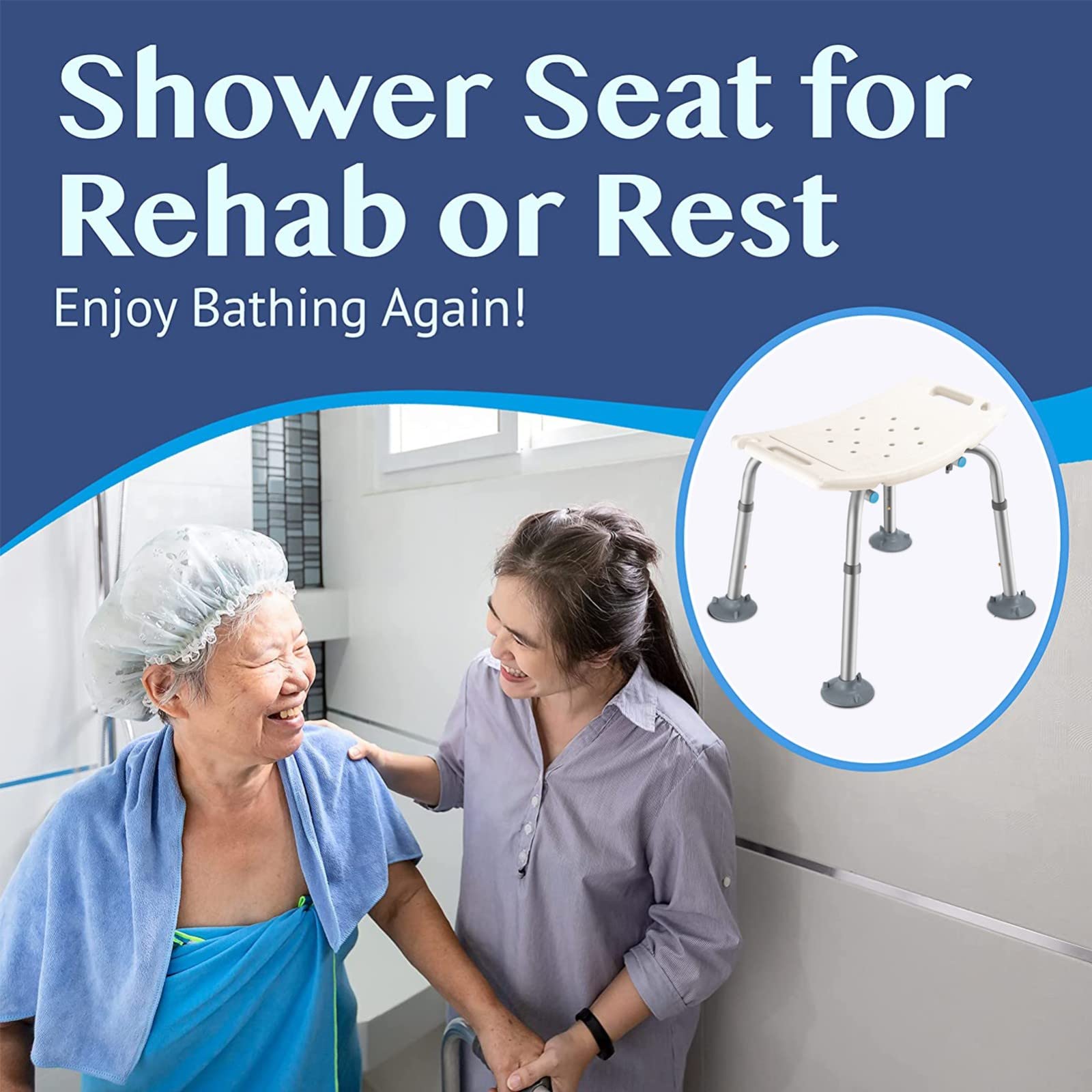 Taburete de Ducha para Ancianos,Taburete de Baño Ventosa Grande Antideslizante Silla de Ducha Asiento de Baño Ducha Sin Respaldo Ajustable en Altura 38-53cm Asiento de Ducha