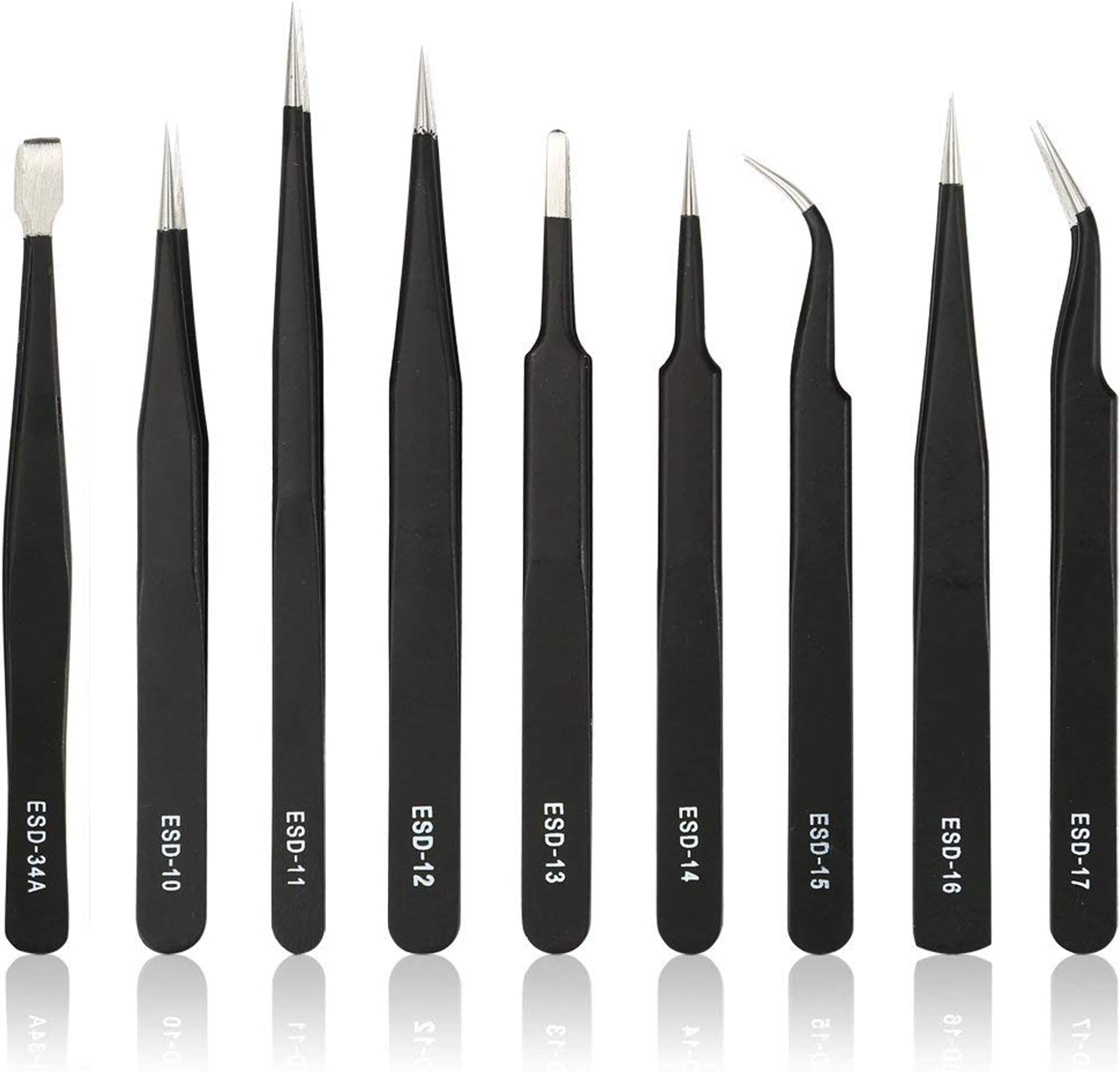 HWA KUNG 9pcs Black Coated Precision Stainless Steel Tweezer Set Anti-static Tweezers with Non Magnetic Tips Tweezers Tool Kits -For Craft, Jewelry, Electronics, Laboratory Work