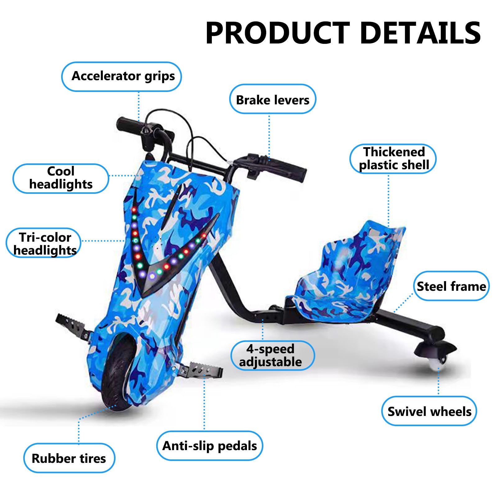 Triciclo A BateríA Drift Trike, Ruedas para NiñOs, Patinete De Deriva Infantil, con 5 Tipos De Longitudes Ajustables, Soporta hasta 100 Kg, VehíCulo EléCrico Desde 8 AñOs 8IN-H