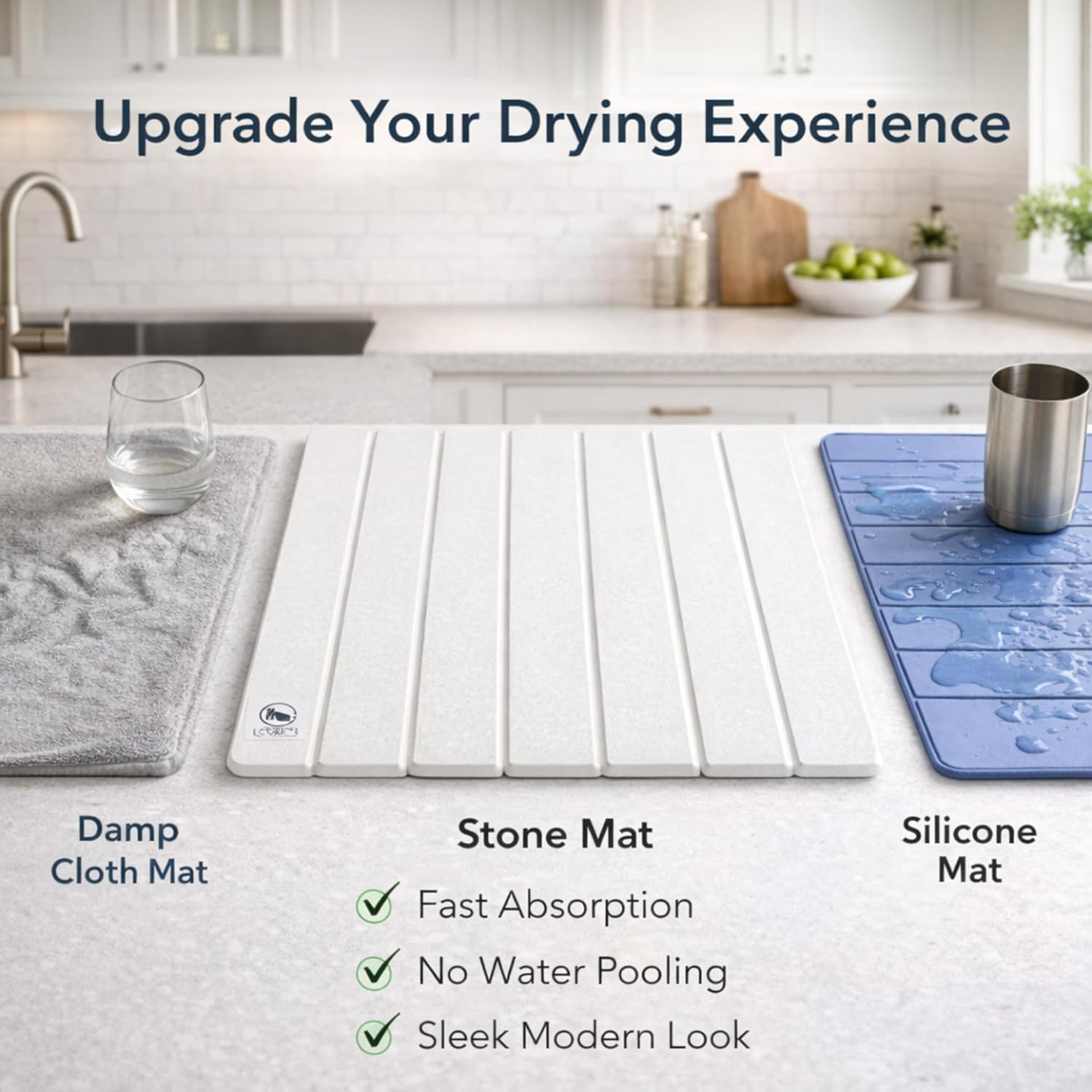 Condition photo showing New/Like New for premium white stone dish drying mat - 19x15 ultra absorbent diatomaceous earth dish drying rack, crack-resistant kitchen appliance, non-slip modern kitchen decor.