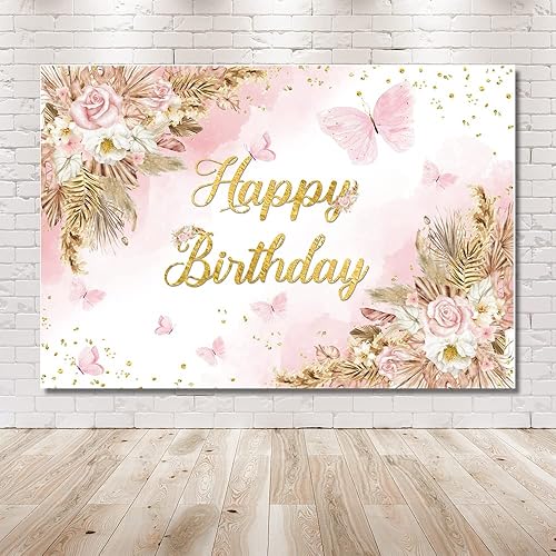 Miniatura 6 de MEHOFOND Telón de fondo bohemio de feliz cumpleaños de 7 x 5 pies para niñas, color rosa rubor, floral, bohemio, hierba de pampas, pasteles,