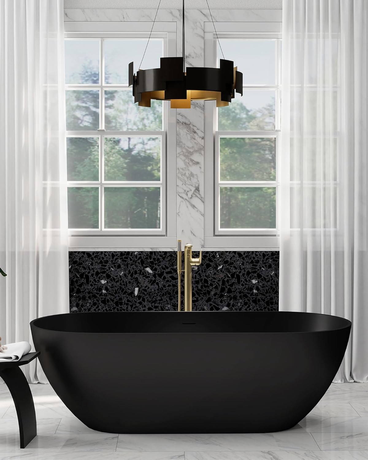 CASAINC 59" Free Standing Tub, Oval-Shaped Stone Resin Freestanding Bathtub Matte Black Solid Surface Soaking Tub with Drain, Drain Hose & Sanding Paper