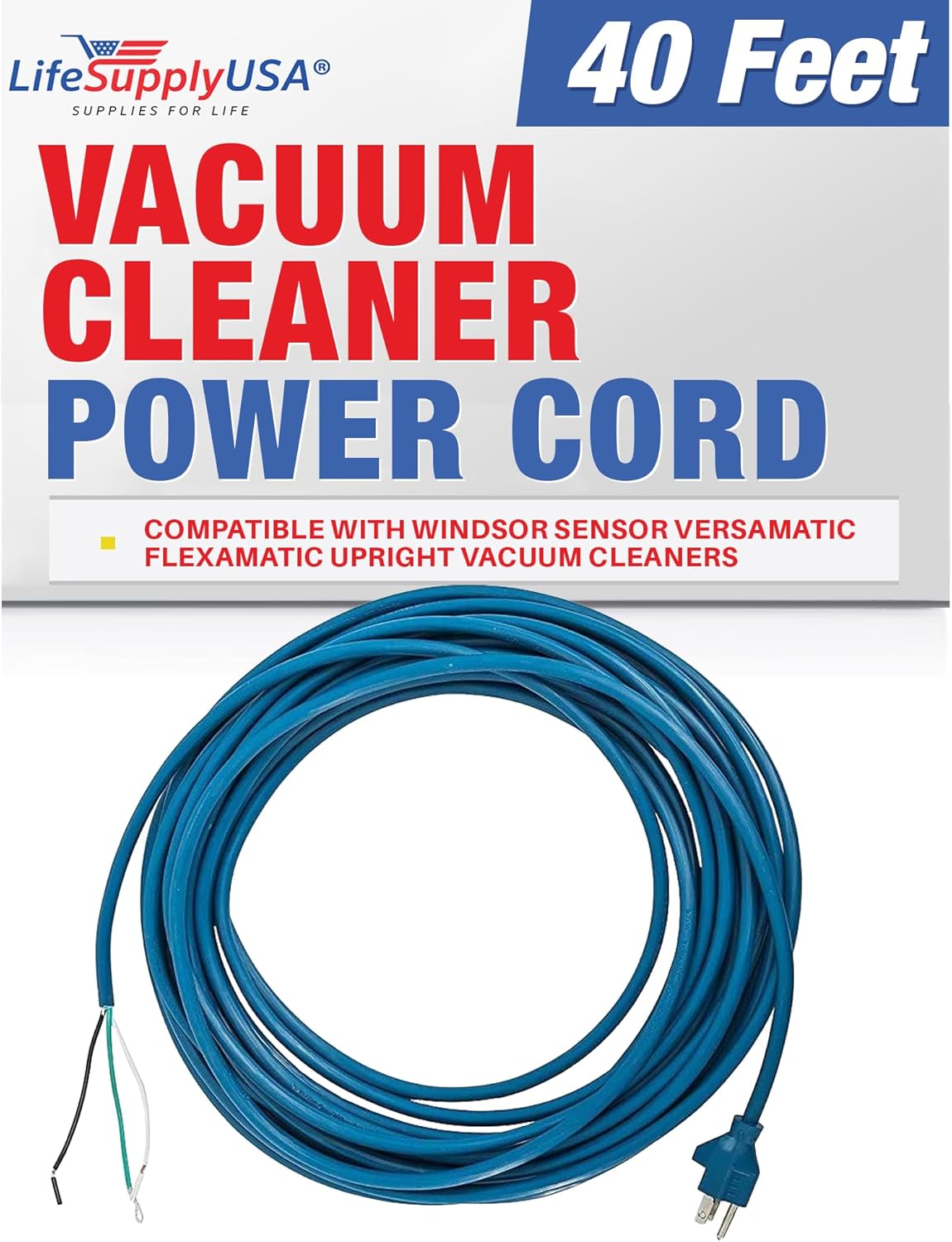 Heavy Duty 40ft Vacuum Power Cord 18/3 Compatible with Windsor Sensor Versamatic Flexamatic Upright Models,3 Prong Replacement Extension Cord for Professional Home Improvement by LifeSupplyUSA (Blue)