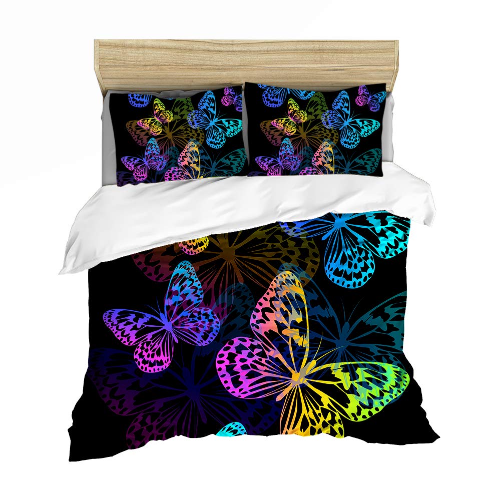 Bohemia Floral Butterfly Animal Girl Woman Duvet Cover with Zipper, Blue Black Mystery Star Butterfly Bedding Set , 2/3 Pieces Quilt Cover with Pillowcase Polyester (Black 3, Double 200 x 200cm)