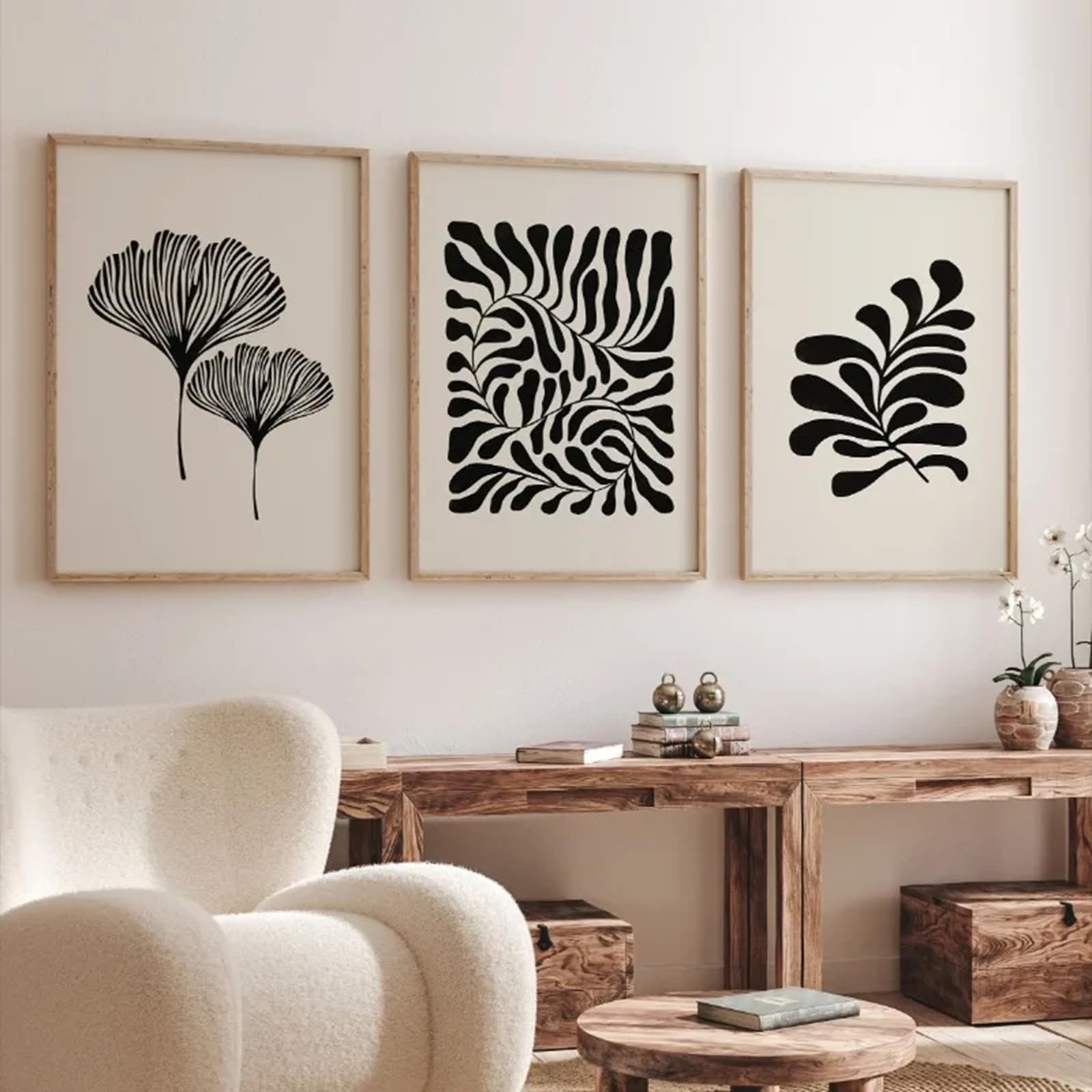ZBELLO Set of 3 Posters, Minimalist Boho Art Poster In The Style Of Matisse Featuring Botanical Leaves, Abstract Canvas Paintings, Wall Art, Artwork for Living Room Or Bedroom, Unframed (50x70cm)