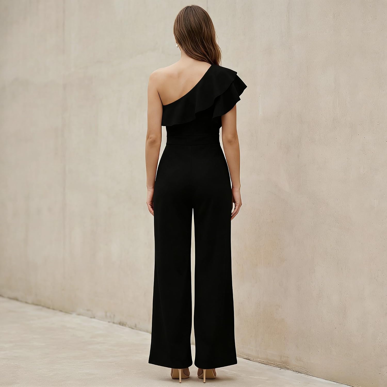 Womens Jumpsuits Casual Off Shoulder Ruffle Sleeve One Piece Outfits Stretchy Business Romper