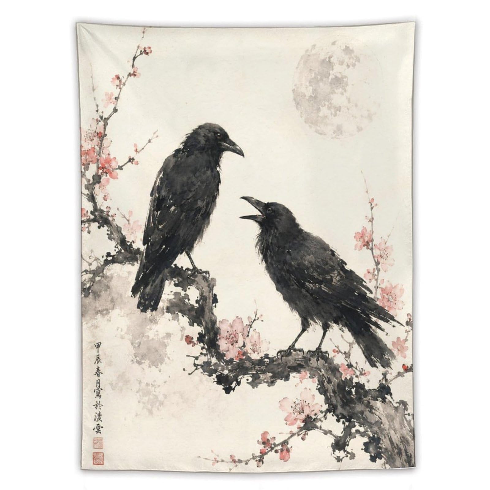 H3B8U2Y5 Raven Pair with Moon Wall Tapestry, Ukiyo-e Style, Moonlit Stage