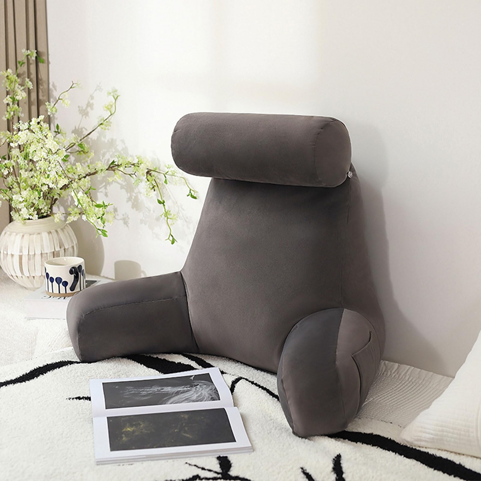 deska sedesowa, Biuro domowe na rozkładaną sofę, miękka poduszka pod plecy, z podłokietnikiem, do siedzenia łóżku, czytanie, ergonomiczna konstrukcja(Ancient Tripod Gray,80x40x65cm)