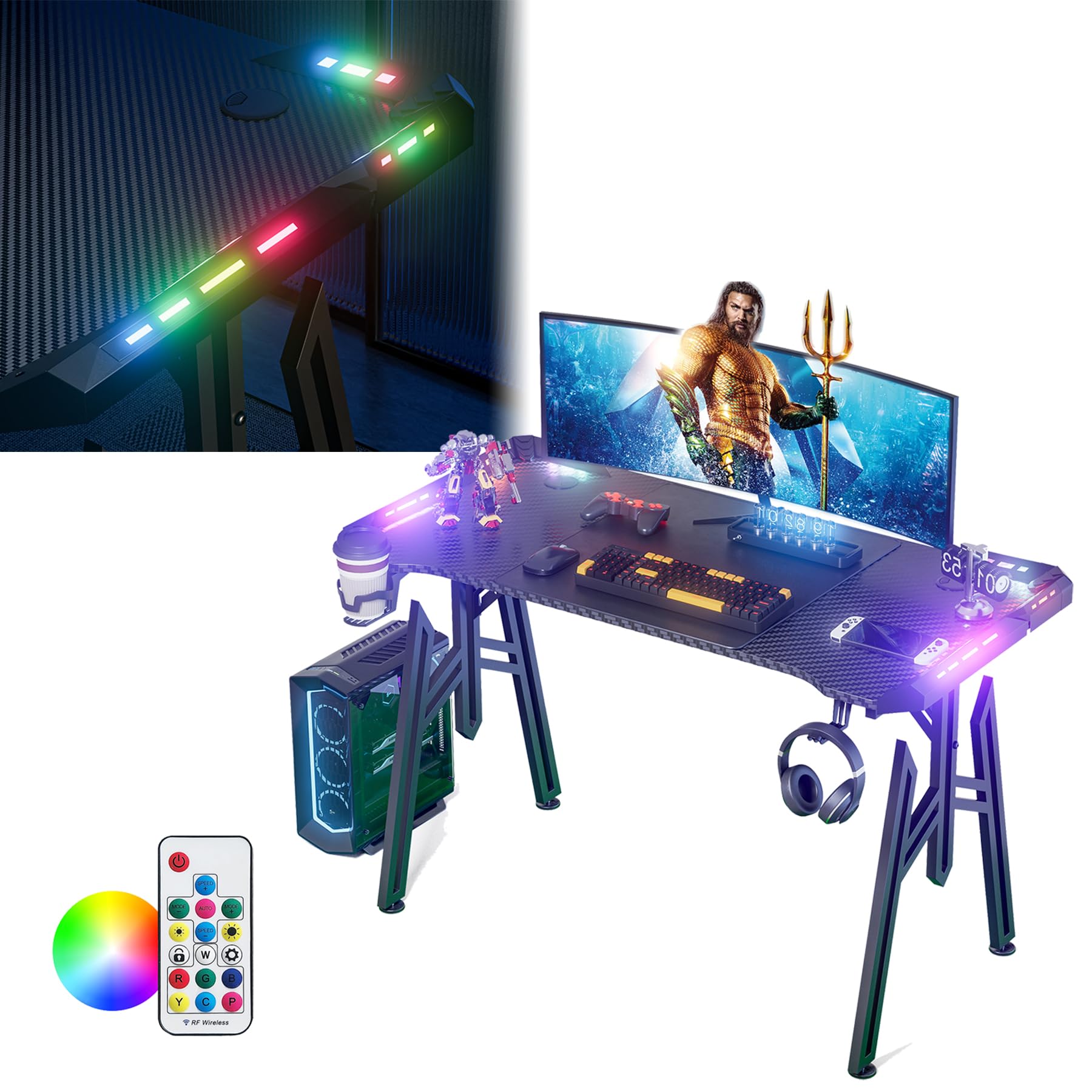LZQ Mesa Gaming con LED 120 x 60 cm, con Marco en M, Escritorio Gaming Ergonómica, Mesa Gamer de Fibra de Carbono con Soporte para Bebidas y Ganchos para Auriculares, Escritorio para Videojuegos