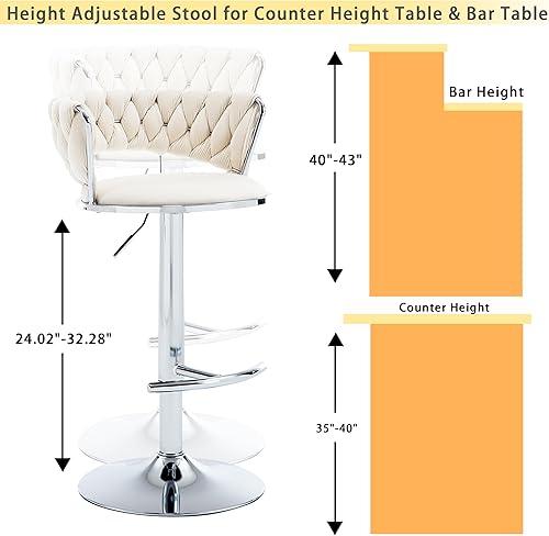 Miniatura 28 de Juego de 2 taburetes de bar de terciopelo giratorios con base de metal dorado, taburetes de bar modernos de altura de mostrador para cocina, pub,