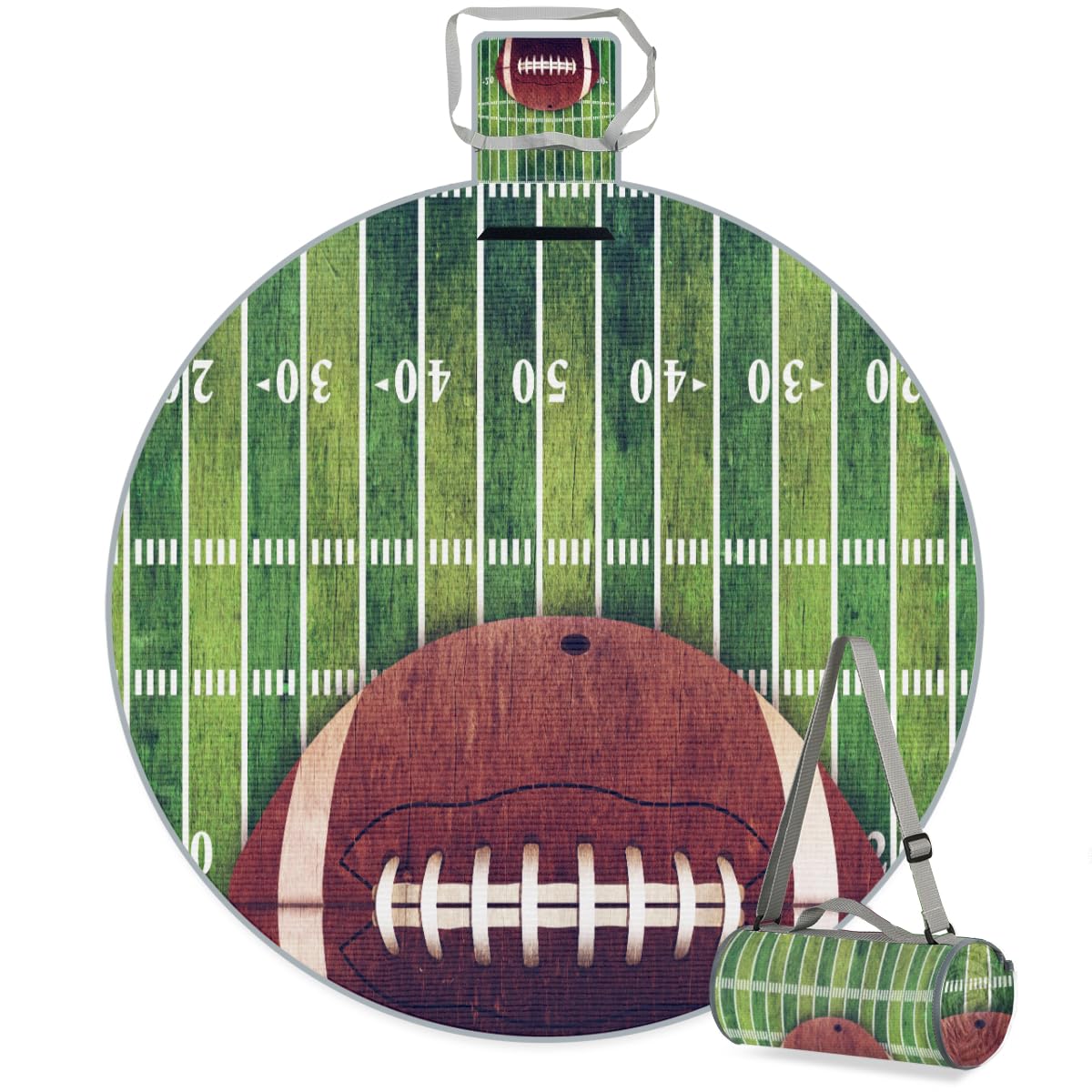 Shimoshe American Football Field Football Picnic Outdoor Blanket Foldable Waterproof Sandproof Beach Blanket Portable Water-Resistant Round Picnic Mat for Travel Camping Park Lawn