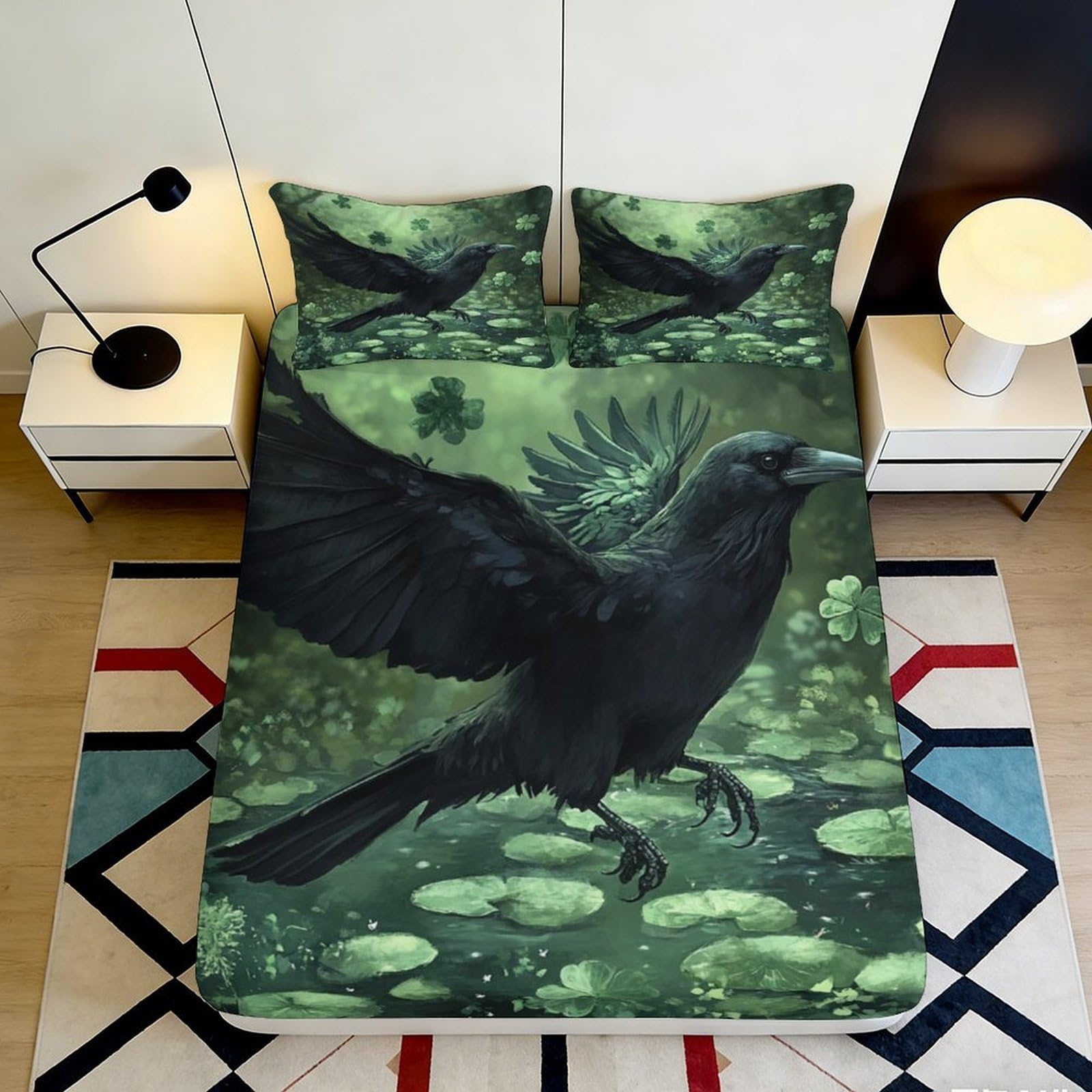3D Printed Black Raven Fitted Sheet Microfiber Forest Pond Mattress Cover Slip Resistant Machine Washable Bedroom Decor 180x200x25cm