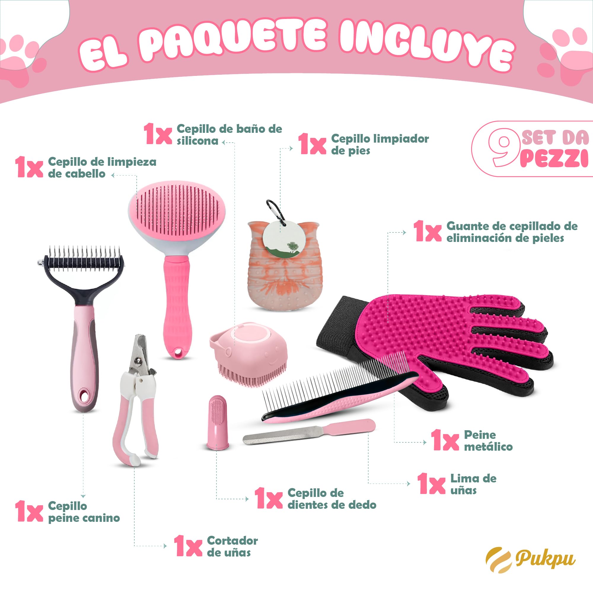 Kit de Aseo para Mascotas 9 Piezas Rosa – Cepillo Gato Pelo Corto, Deslanador Perros, Guante Quitapelos, Limpia Patas, Cortaúñas Gato, Peine y Cepillo Dental