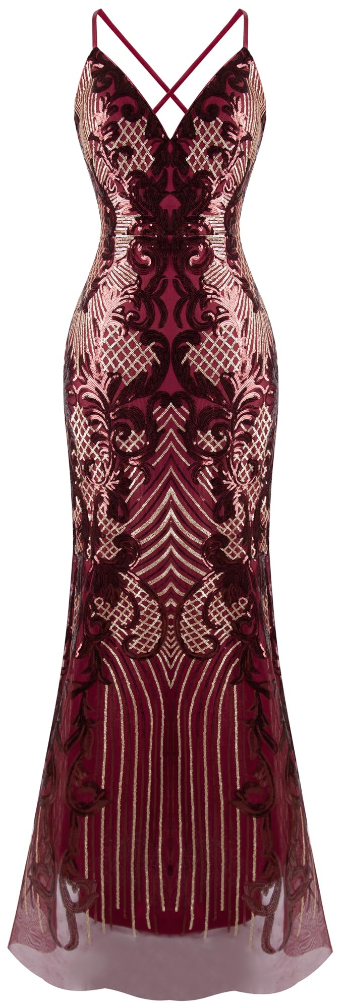 Angel-fashionsWomen's V Neck Blue Floral Sequin Sheath Long Evening Dress