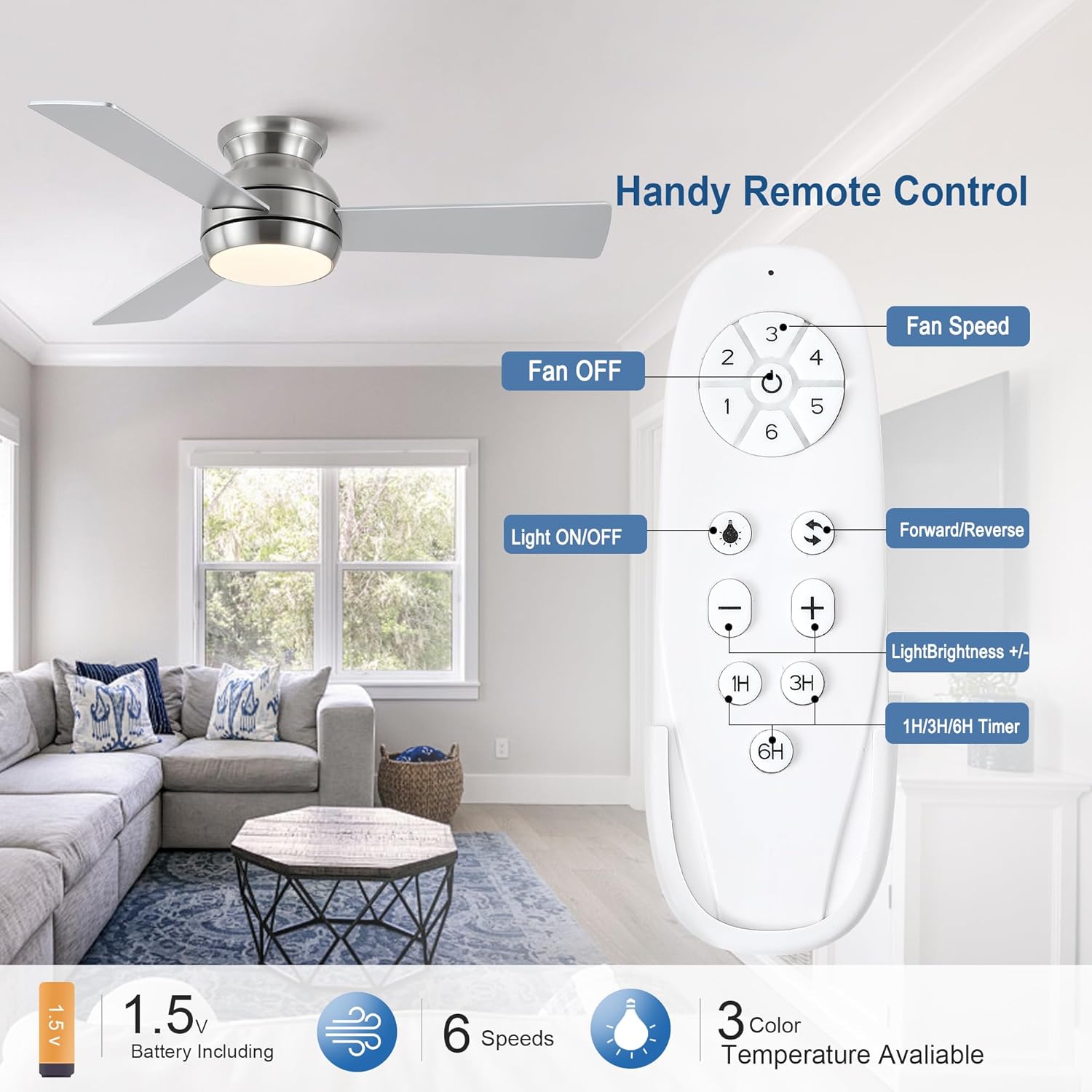 42 Inch Ceiling Fans with Lights and Remote, Brushed Nickel Low Profile Ceiling Fan with Light, Flush Mount, Reversible, 6 Speeds, 3CCT Dimmable, Bedroom Indoor/Covered Patios Use - Image 6