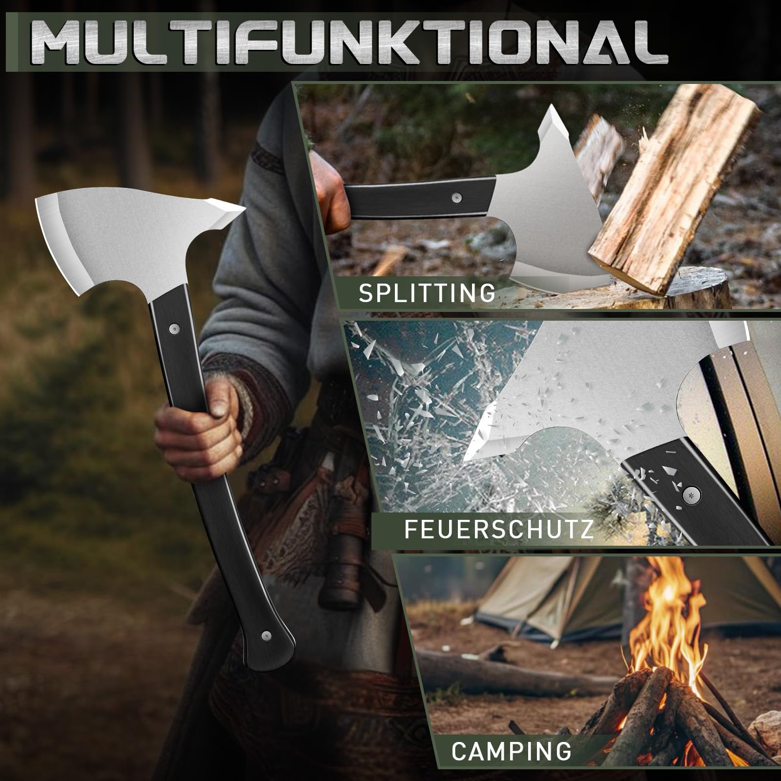 Volle Tang 15 Zoll Camping Hatchet mit geschmiedetem Stahlbau Leder Griff - Hochkarbon-Stainless-Steel, Mehrzweckwerkzeug für Outdoor, Jagd, Notfälle (SMALL)