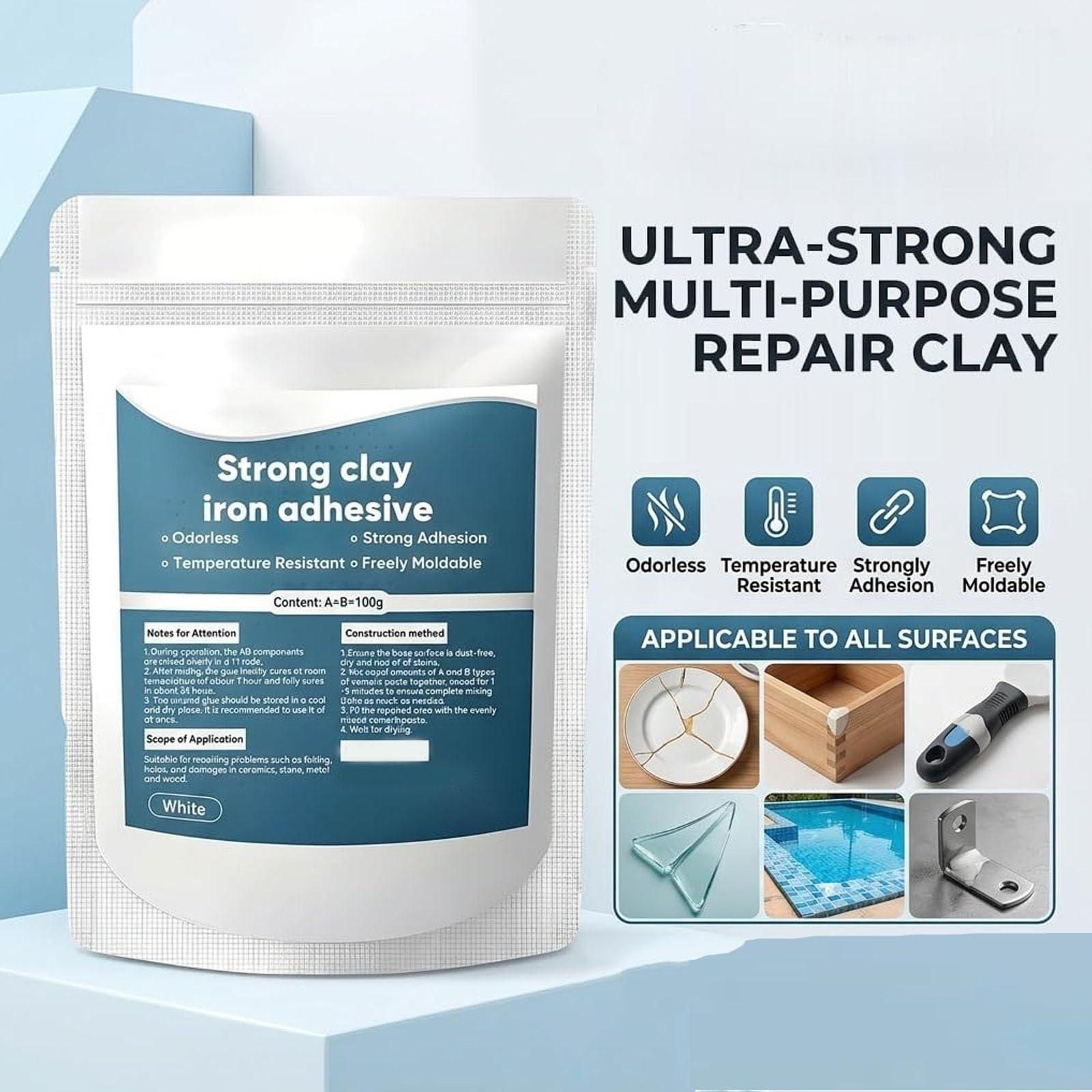 High-Strength Multi-Purpose Repair Clay, Strong Putty Iron Adhesive for Bonding, Repairing, Filling Cracks Holes, Pipe Leak Repair Putty, Durable Pool Clay for Bonding Metal Ceramic Wood (5pcs)
