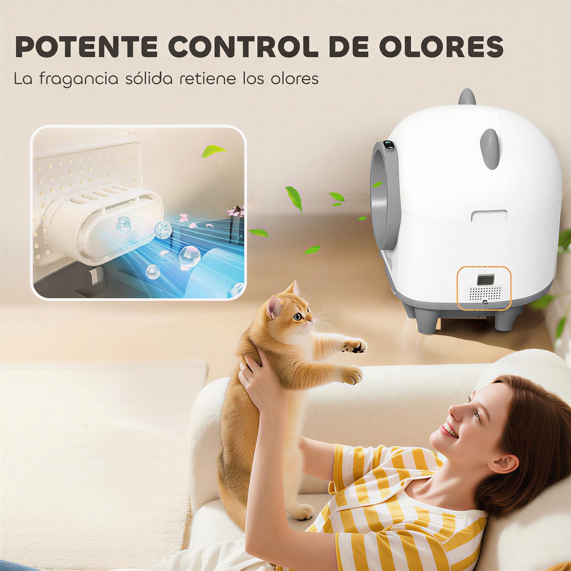 PawHut Arenero Gatos Autolimpiable 80L con Eliminación Olores Control App | Protección Seguridad, Arenero Autolimpiable, Incluye 1 Rollo Bolsas Basura