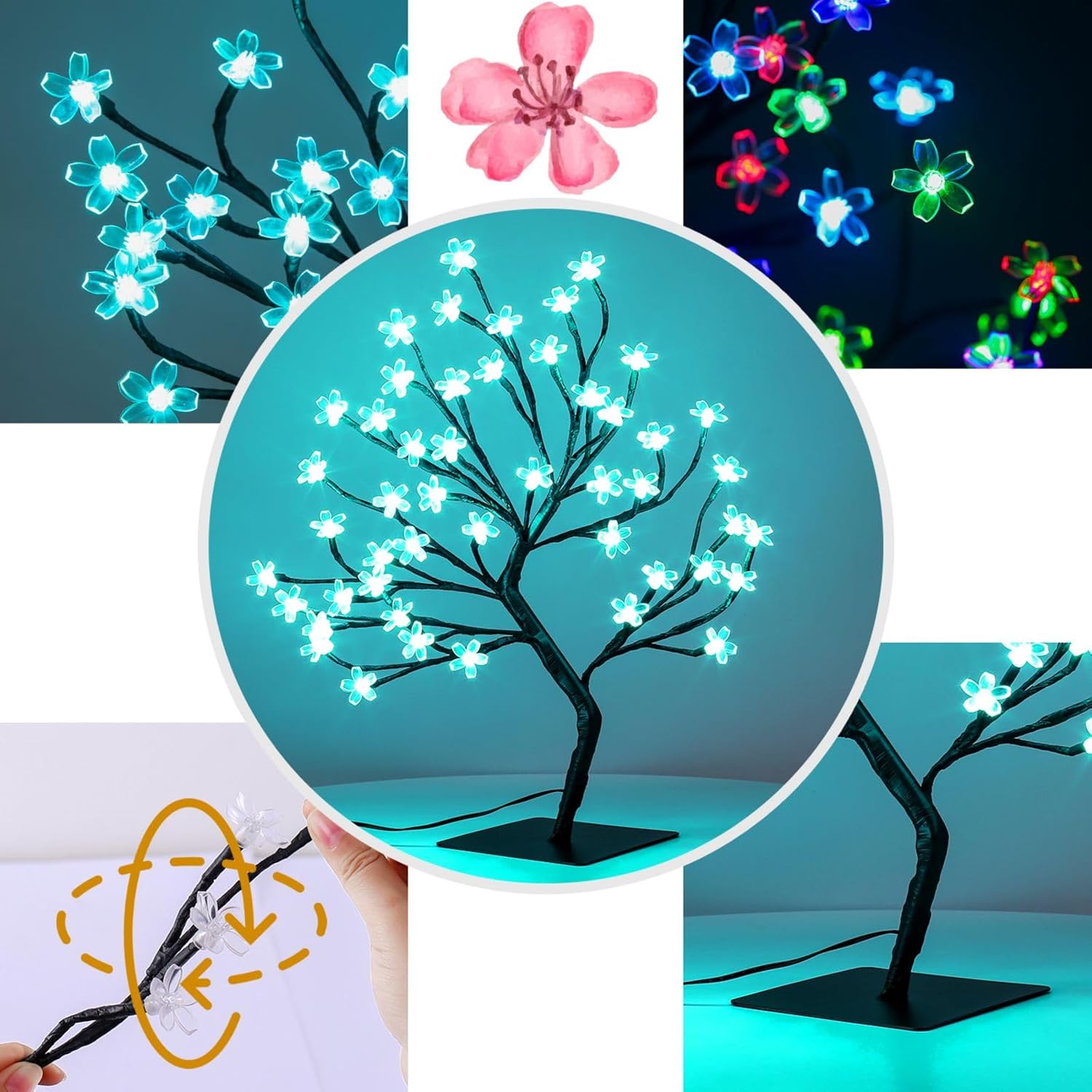 BDUSXYZ 48 LED Artificial Lighted Cherry Blossom Tree - Cherry Blossom Bonsai Tree 16 Color-Changing Metal Base Night Lights for Christmas Wedding Party