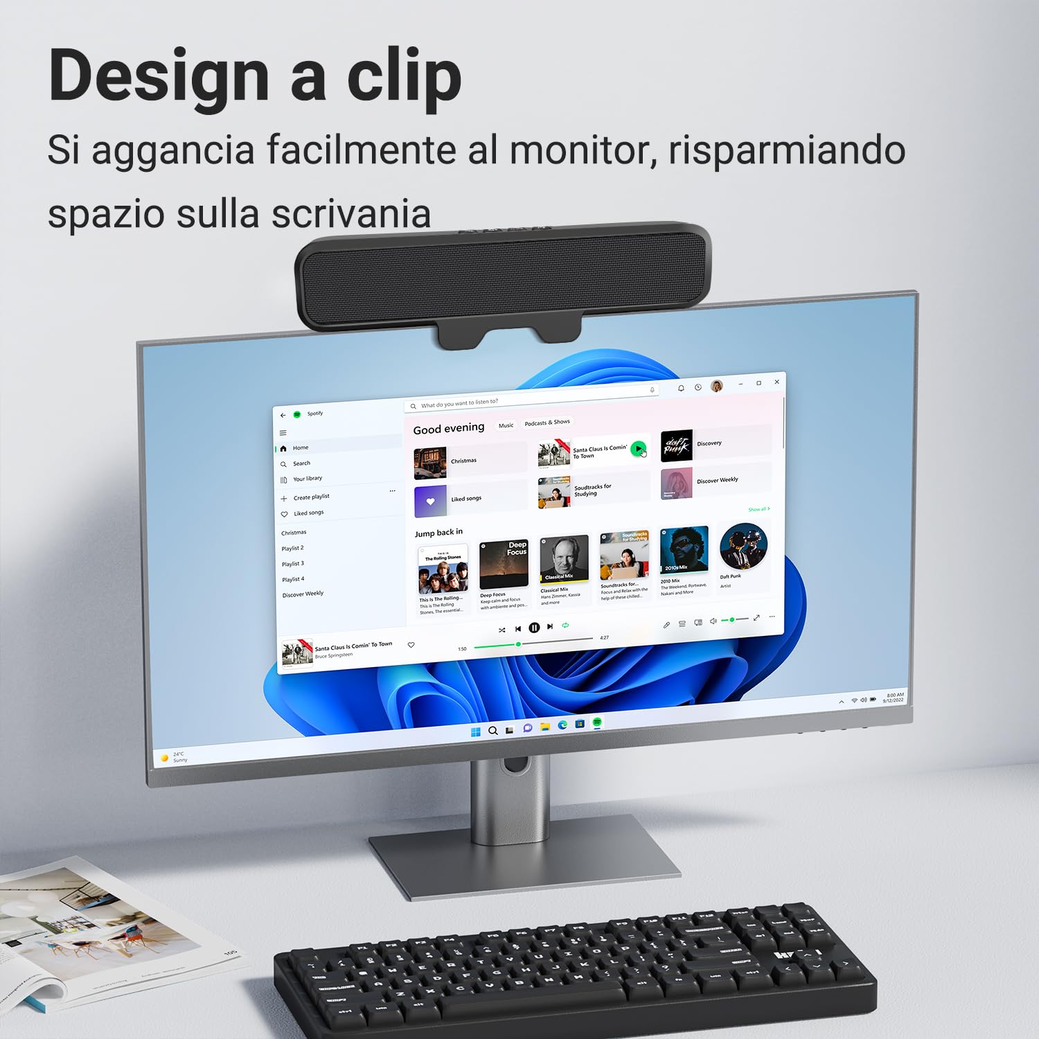 Inwa Cassa PC 10W, Altoparlante USB con clip, Audio stereo HD, Clip per monitor 0.1-1.1’, USB A/C per PC, Laptop, Desktop, Plug and Play (Nero, Tessuto acustico)