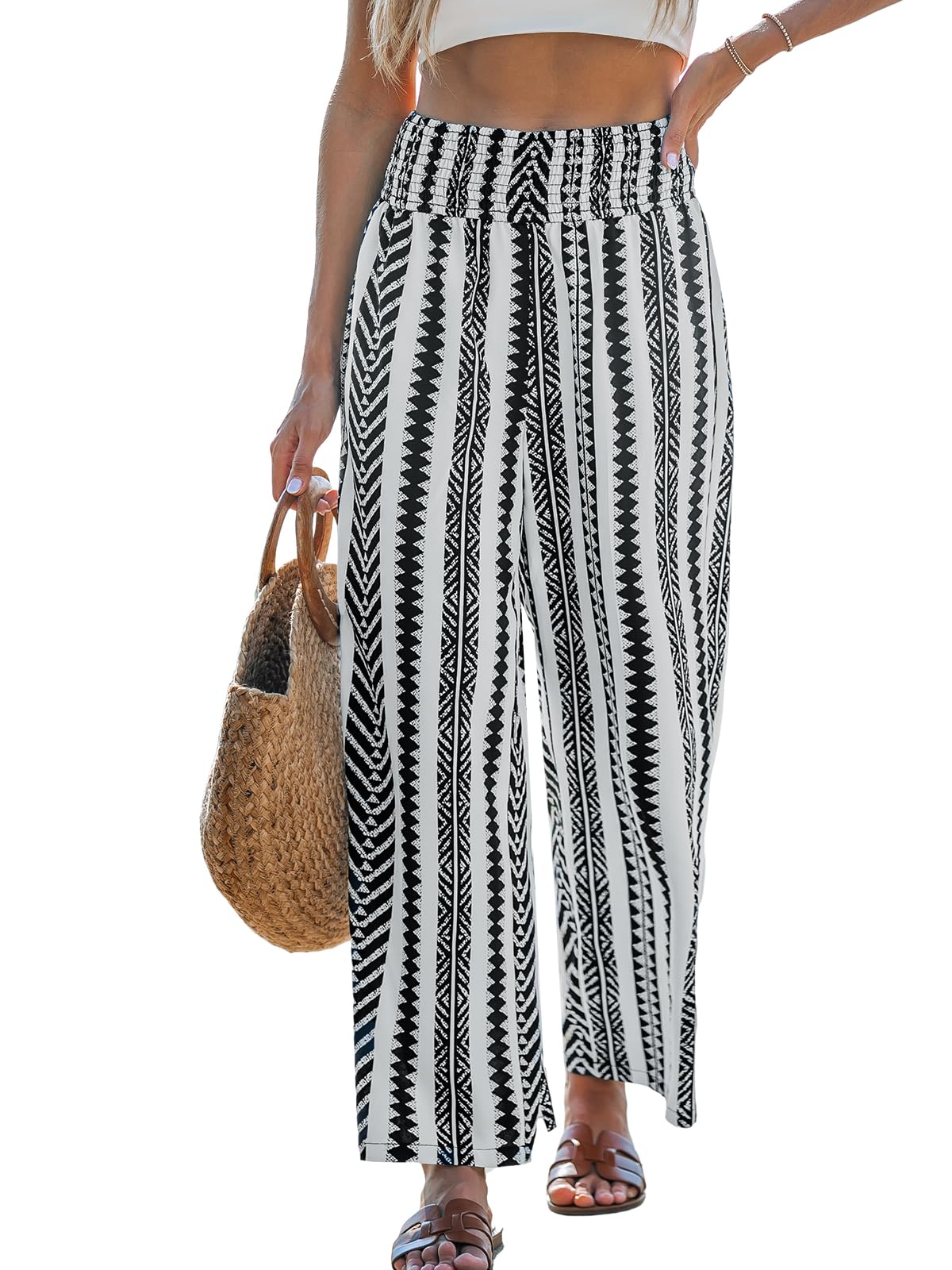 CUPSHE Women Pants Abstract Smocked Waist Long Pant Wide Leg Pant Casual