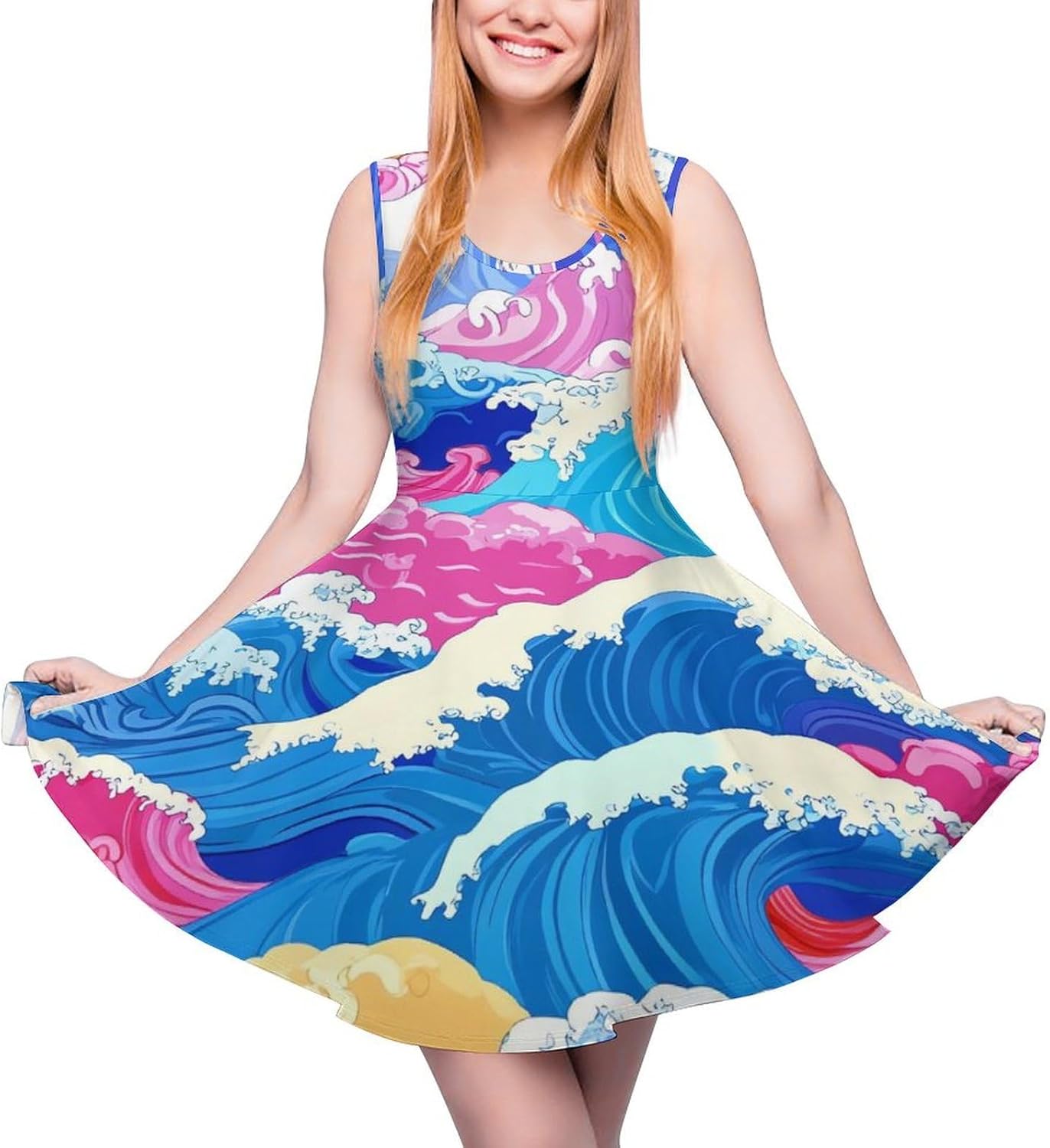 Wave Japanese Women's Dresses Round Neck Dress Sleeveless Tank Dress Ruffle Hem Sundress