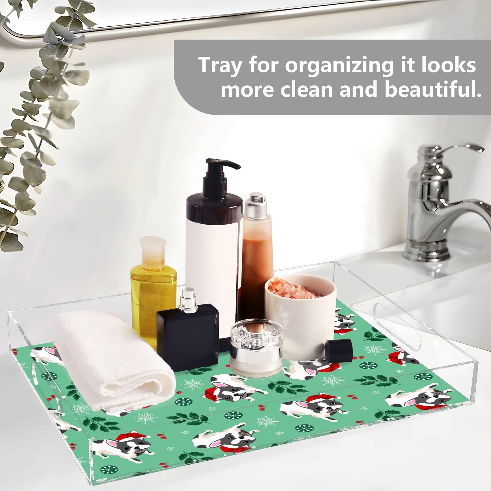 Bandeja acrílica rectangular de acrílico con asas, bandeja de desayuno de 12 x 16 pulgadas, bandeja de desayuno acrílica de Navidad, bulldog francés, blanco, verde, impermeable, transparente