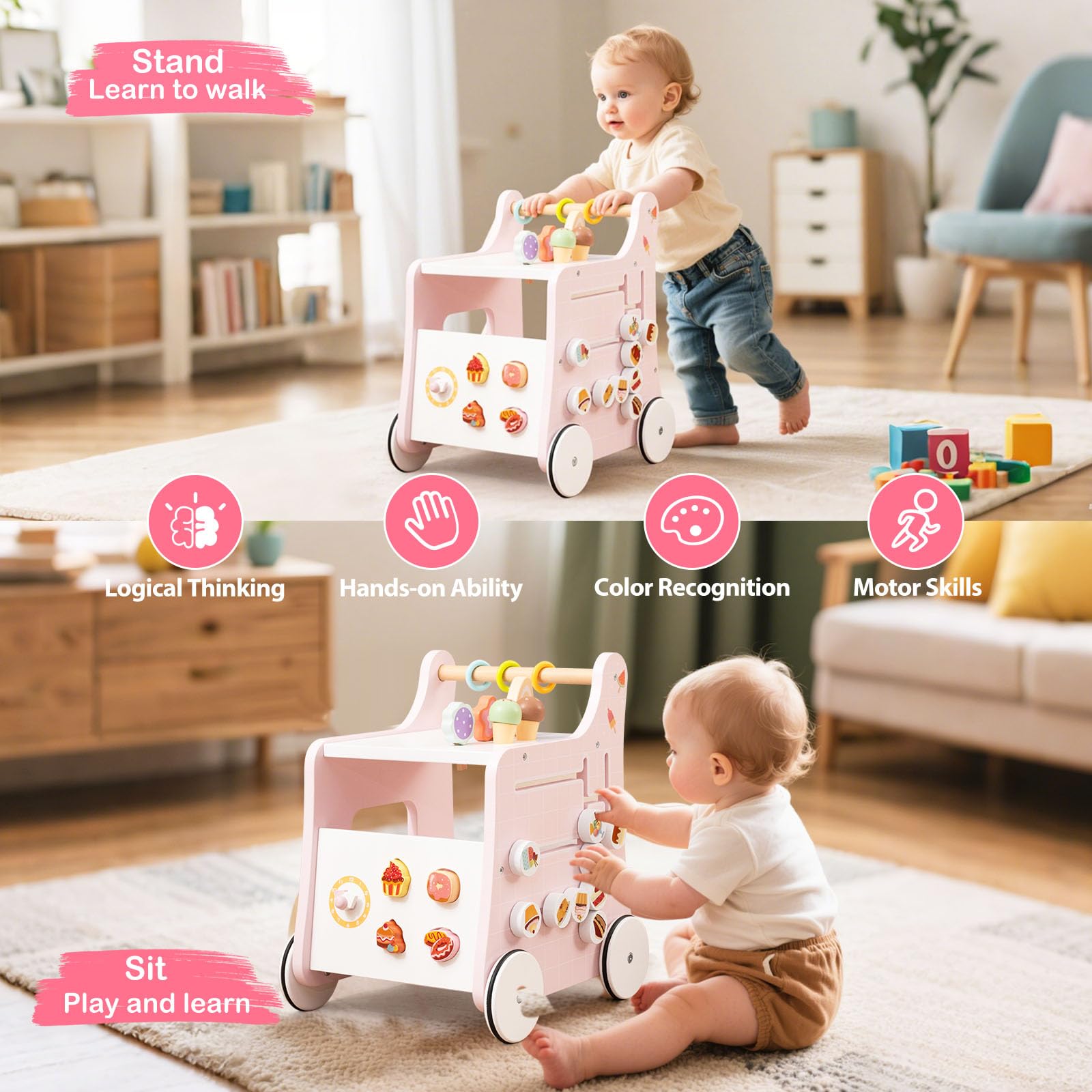 LIFEZEAL Girello per Bambini 1+Anni in Legno, Giochi di Ruolo Gelateria, Carrello Primi Passi Montessori, Baby Walker per Imparare a Camminare, Giocattoli, Ruote Antiscivolo, Portaoggetti, Maniglia